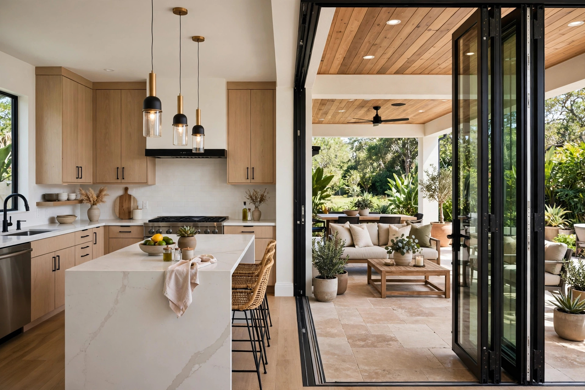 Folding glass doors from kitchen to patio