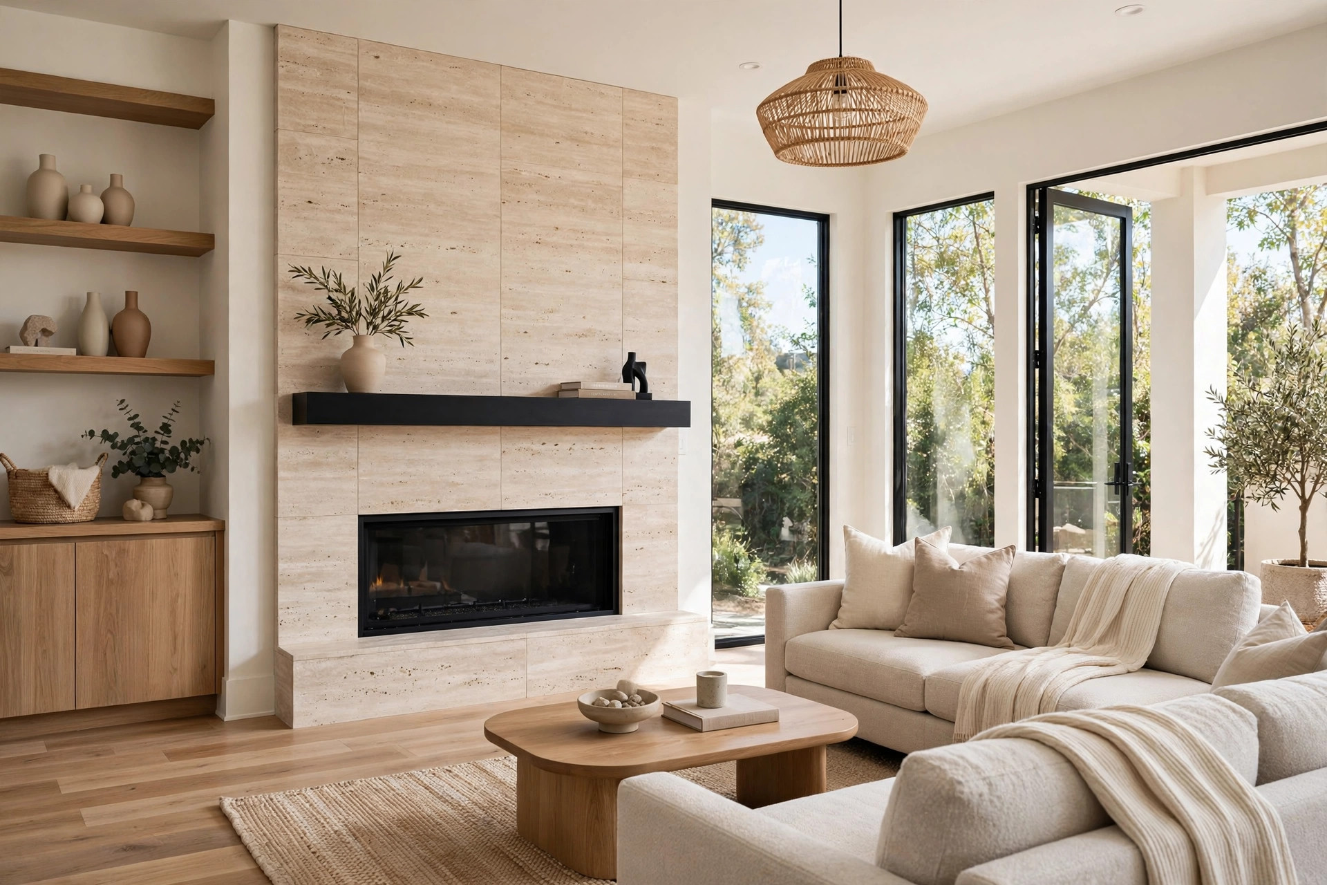 Remodeled living room with fireplace