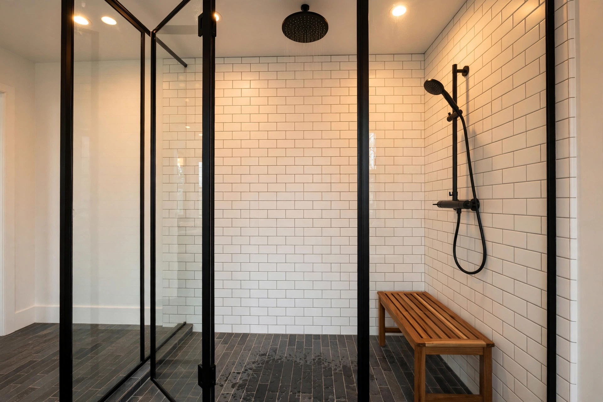 Walk-in shower with black-framed glass and subway tile