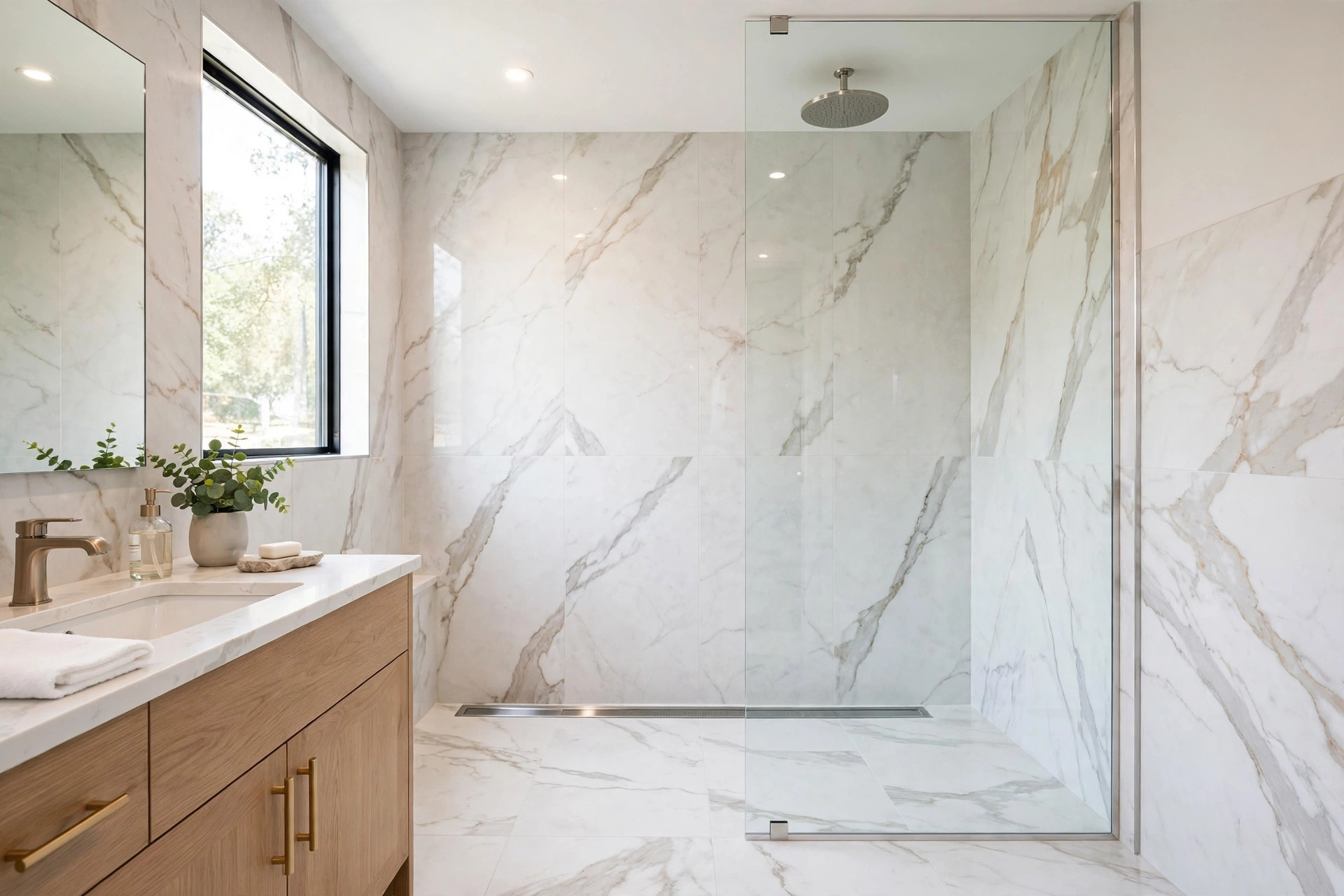 Curbless shower with linear drain and large-format tile