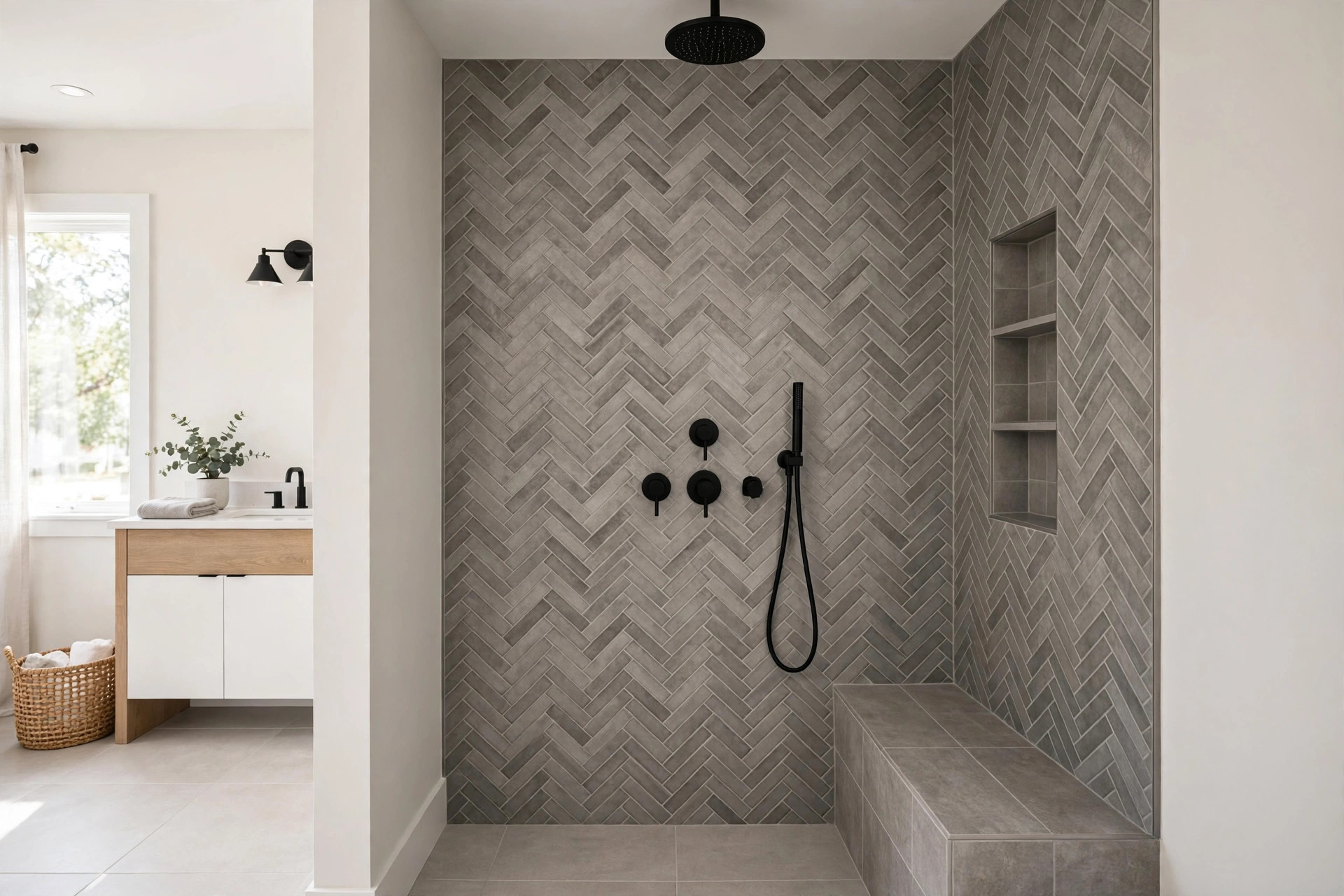 Doorless shower with herringbone accent wall and bench