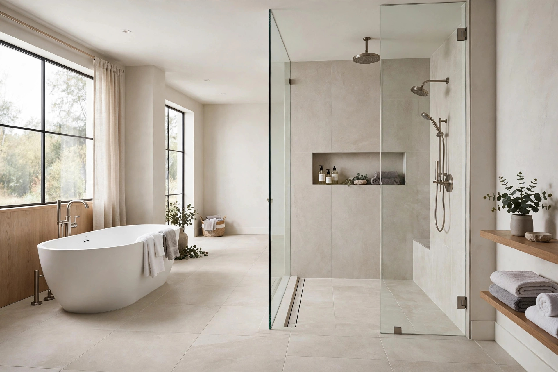 Wet room with freestanding tub and open shower zone