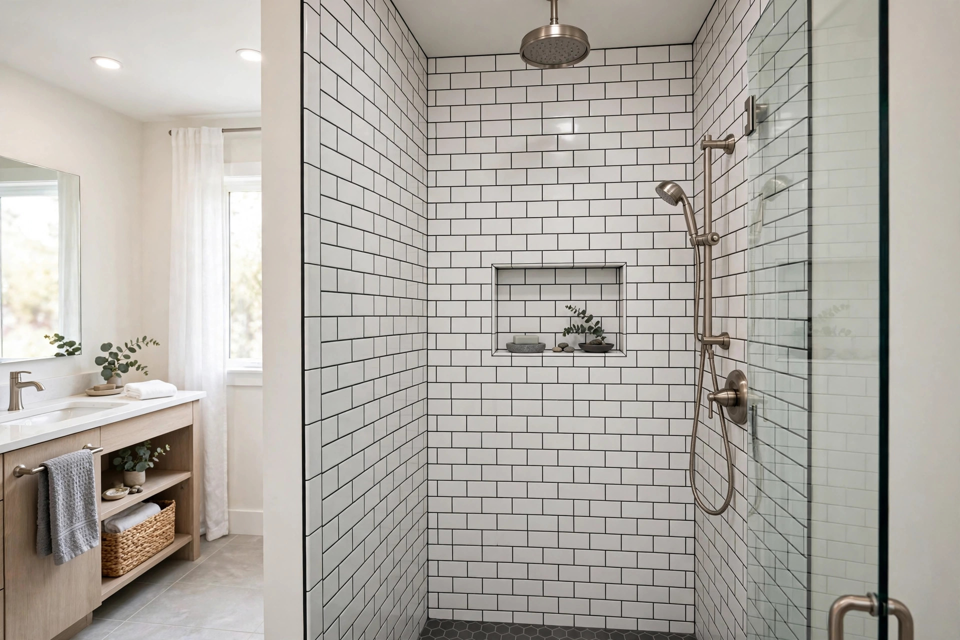 Subway tile shower with dark grout and niche