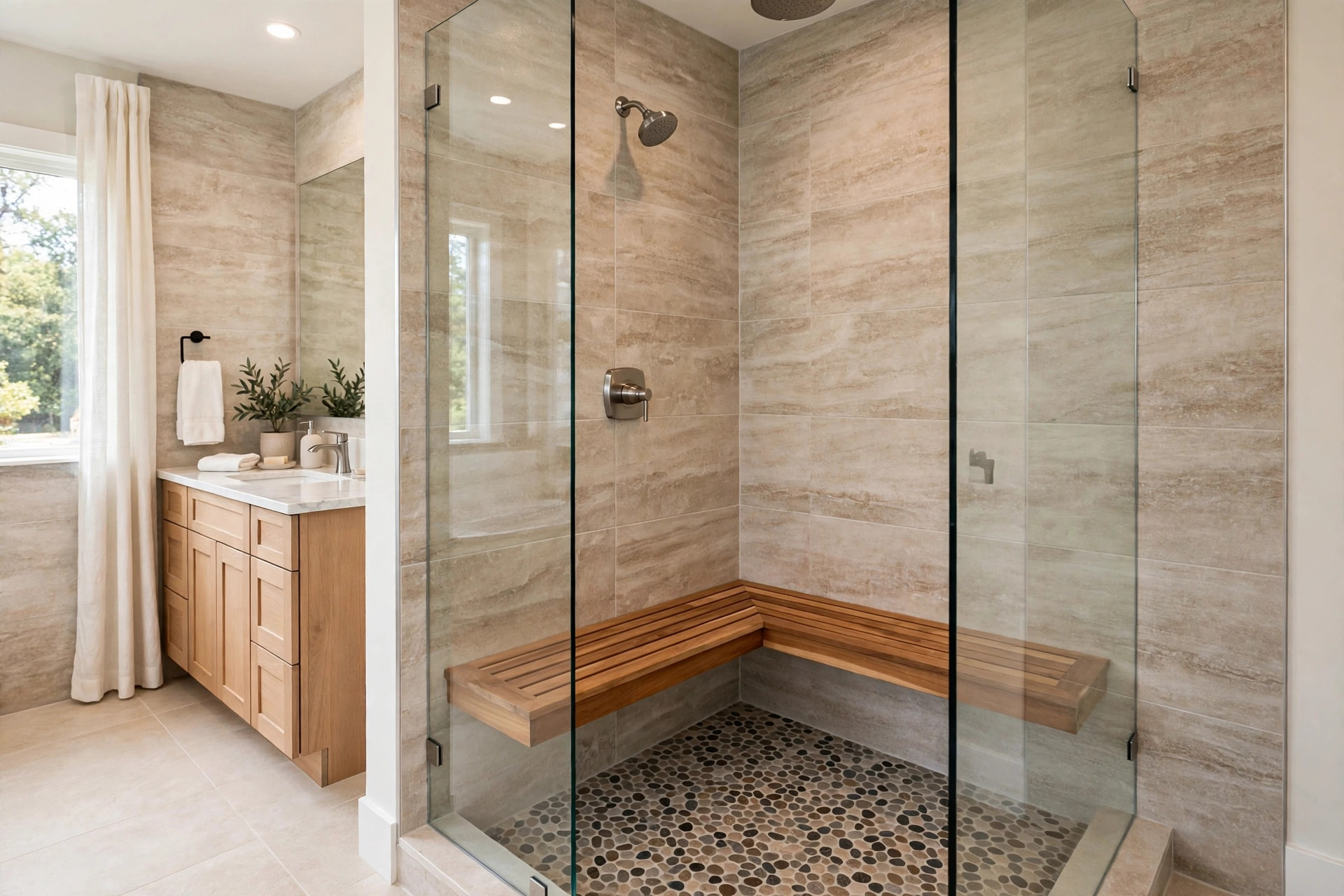 Shower with pebble mosaic floor and teak bench