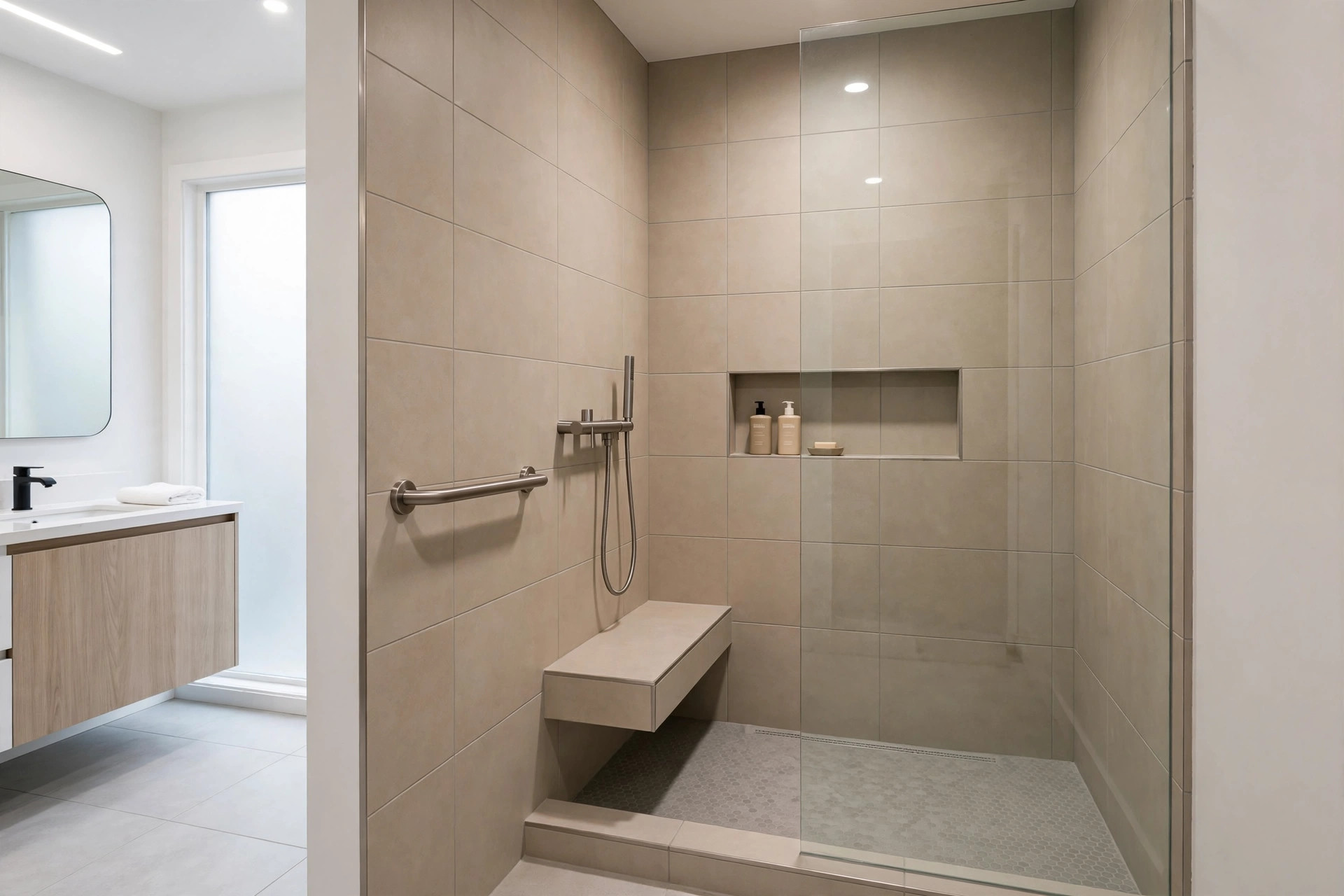Accessible tub-to-shower conversion with grab bar