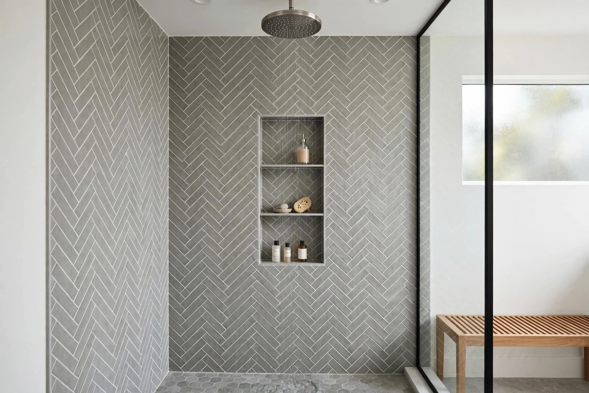 Gray herringbone shower walls with niche