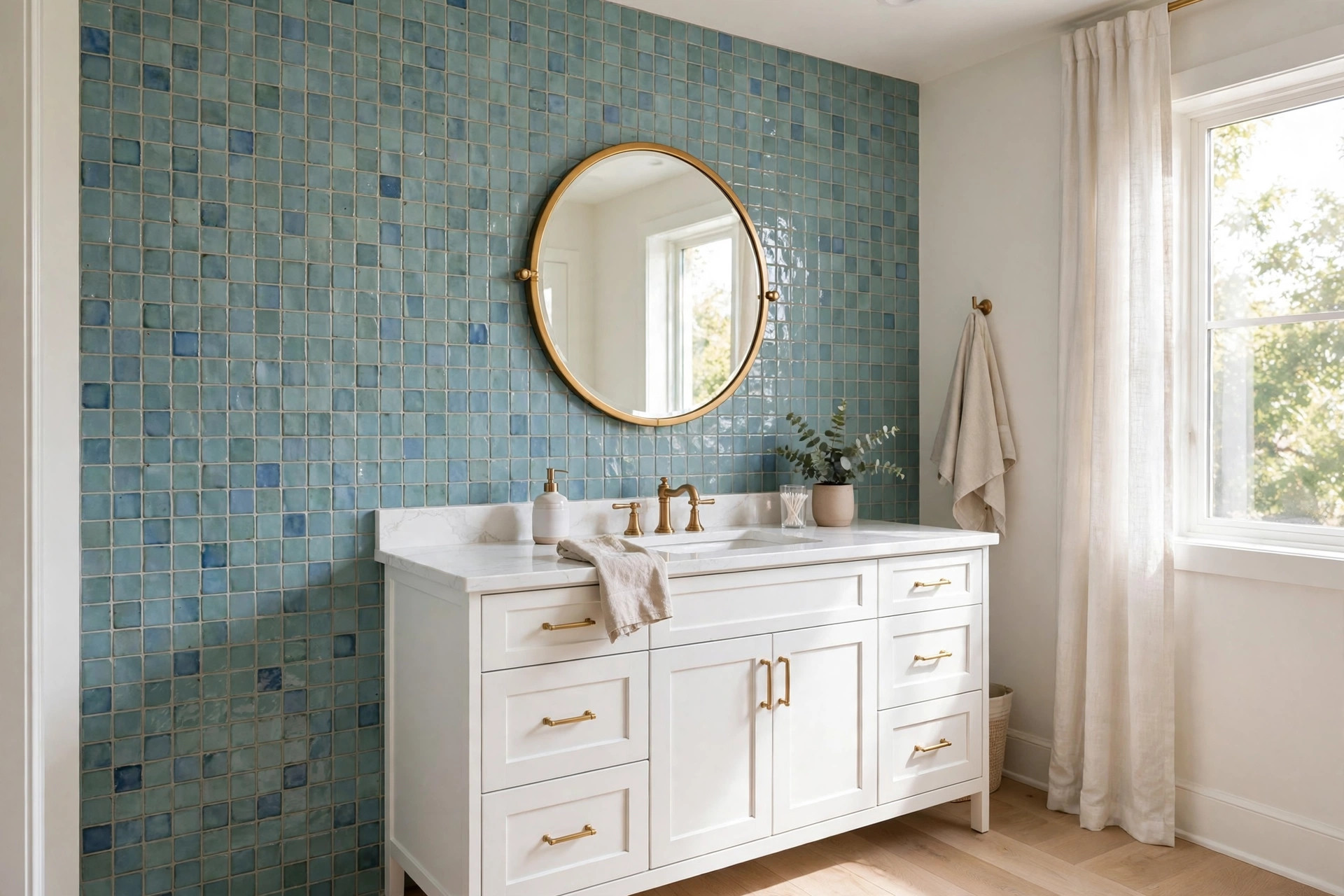 Zellige-look accent wall in soft blue-green