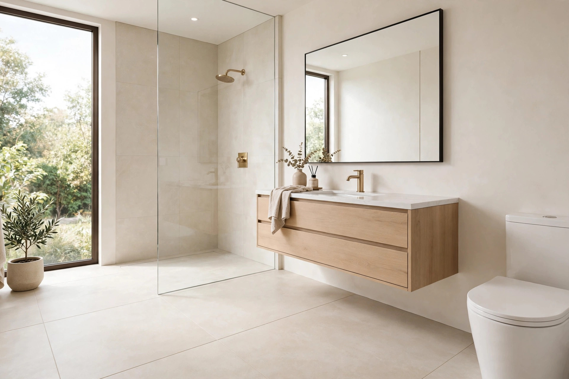 Large-format beige floor tile, floating vanity