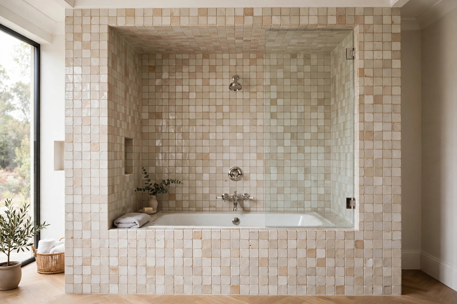 Alcove bathtub with full-height tile surround