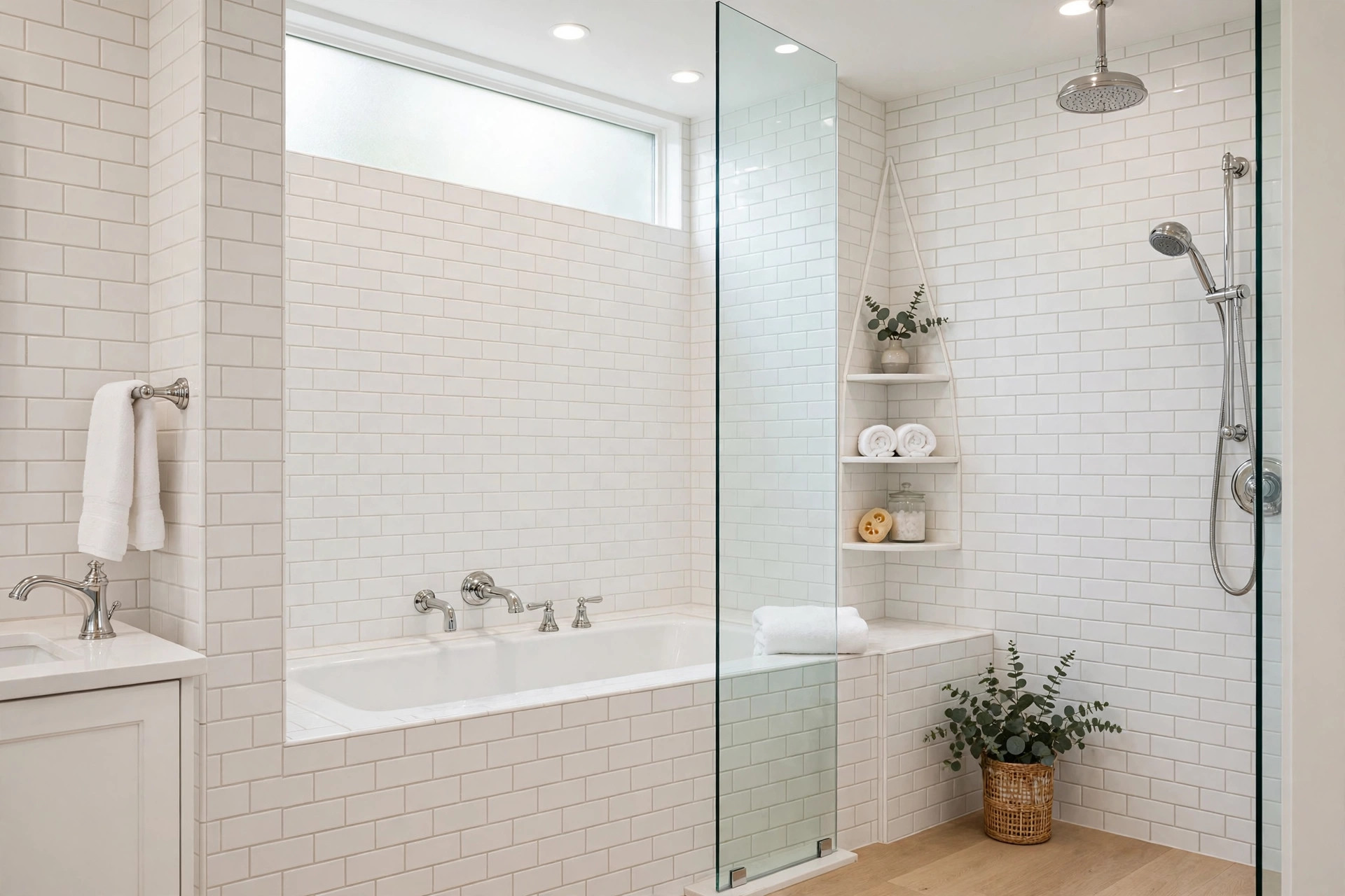 Alcove tub with tile surround and glass shower door