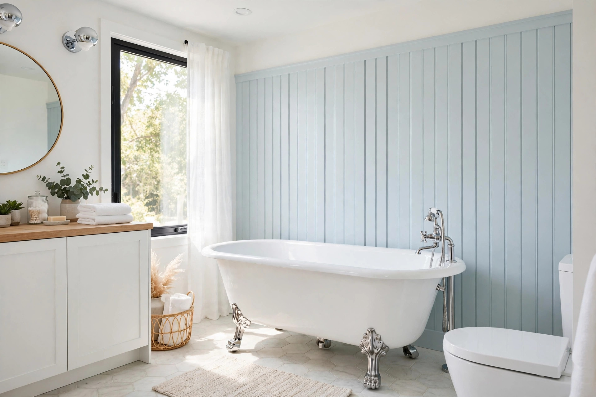 Clawfoot soaking tub in a bright bathroom