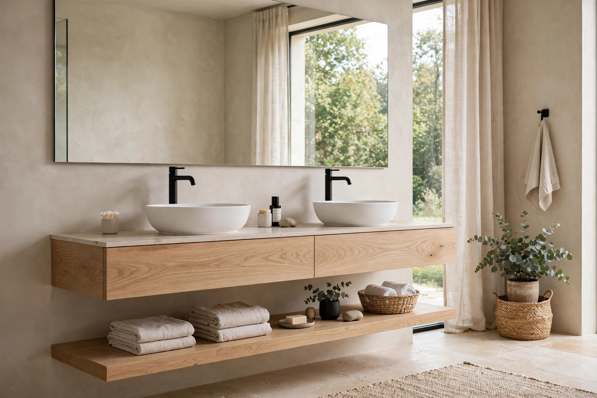 Floating vanity in white oak with vessel sinks