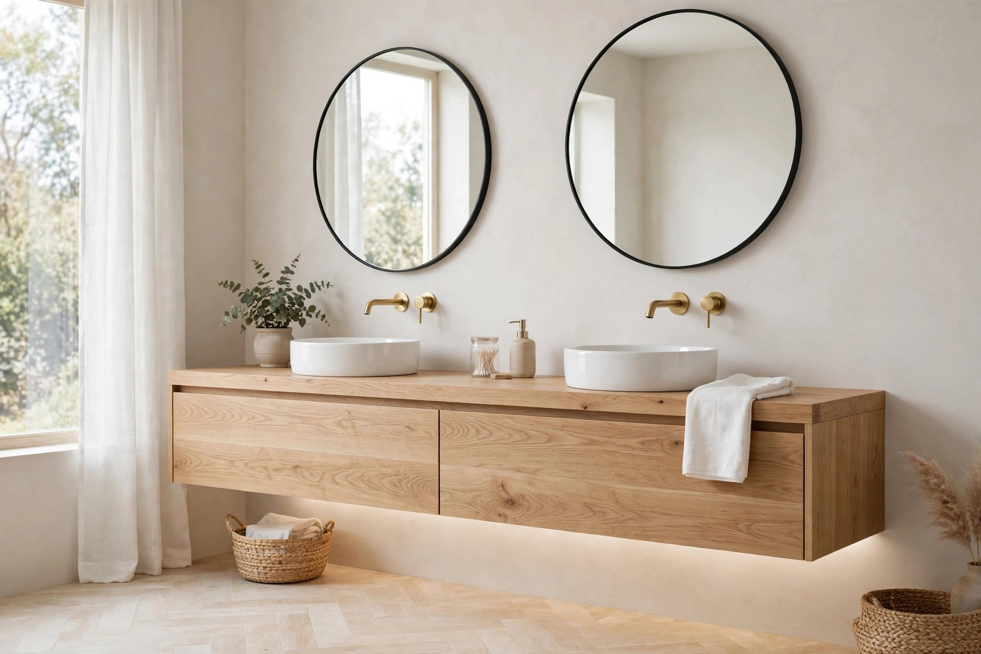 Floating double vanity with vessel sinks and round mirrors