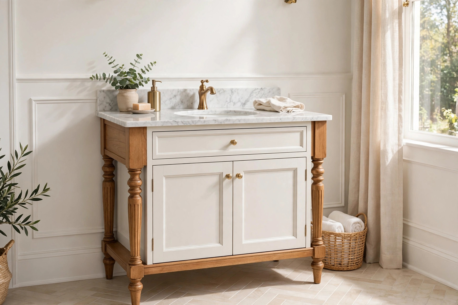 Furniture-style vanity with turned legs and marble top