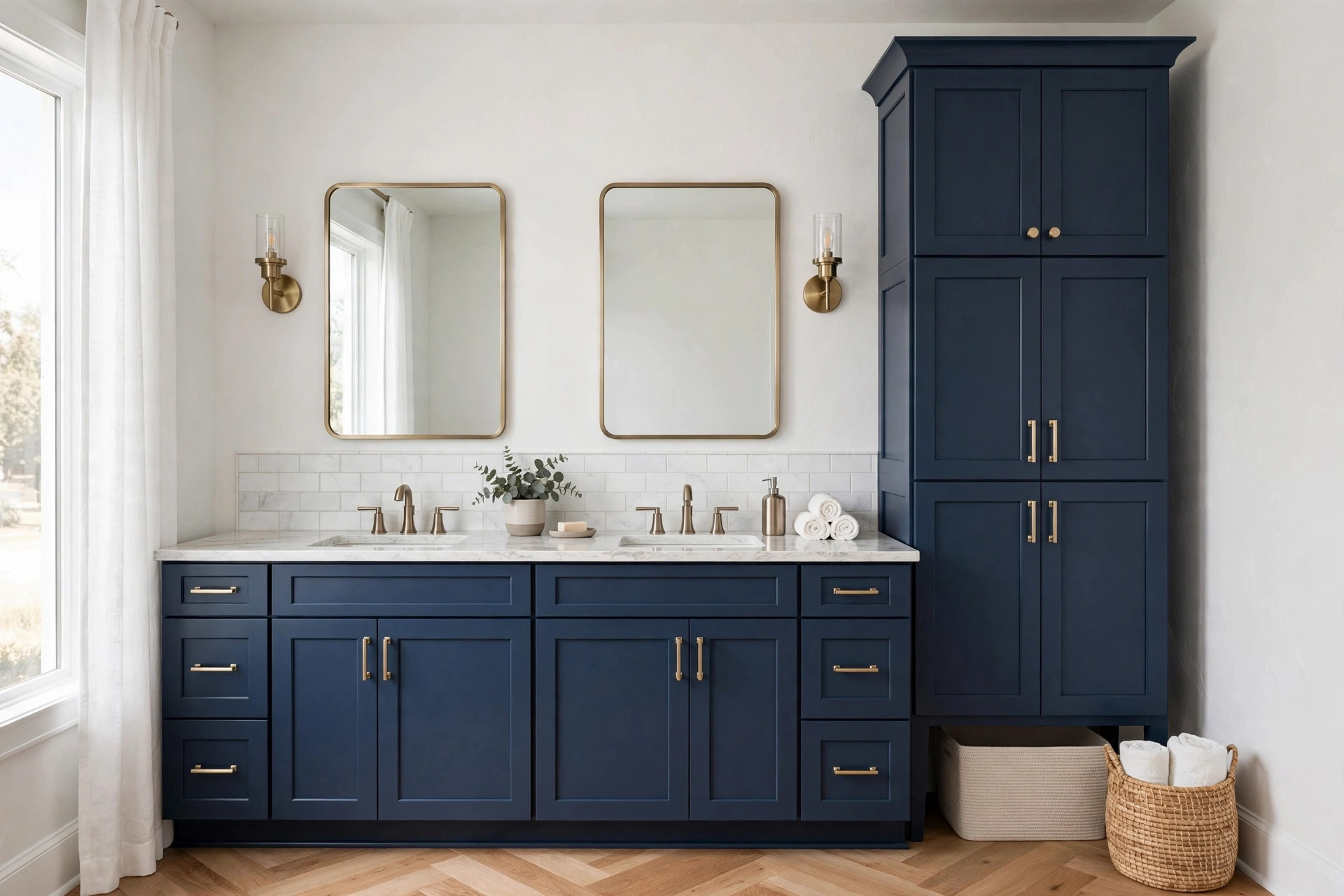 Navy double vanity with tall storage tower