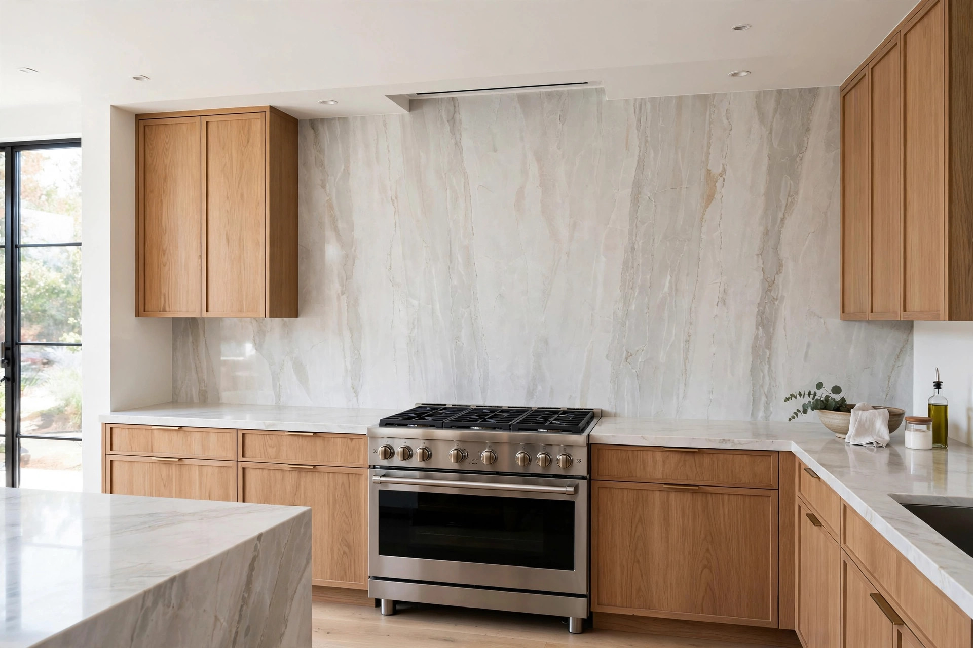 Full-height quartz slab backsplash