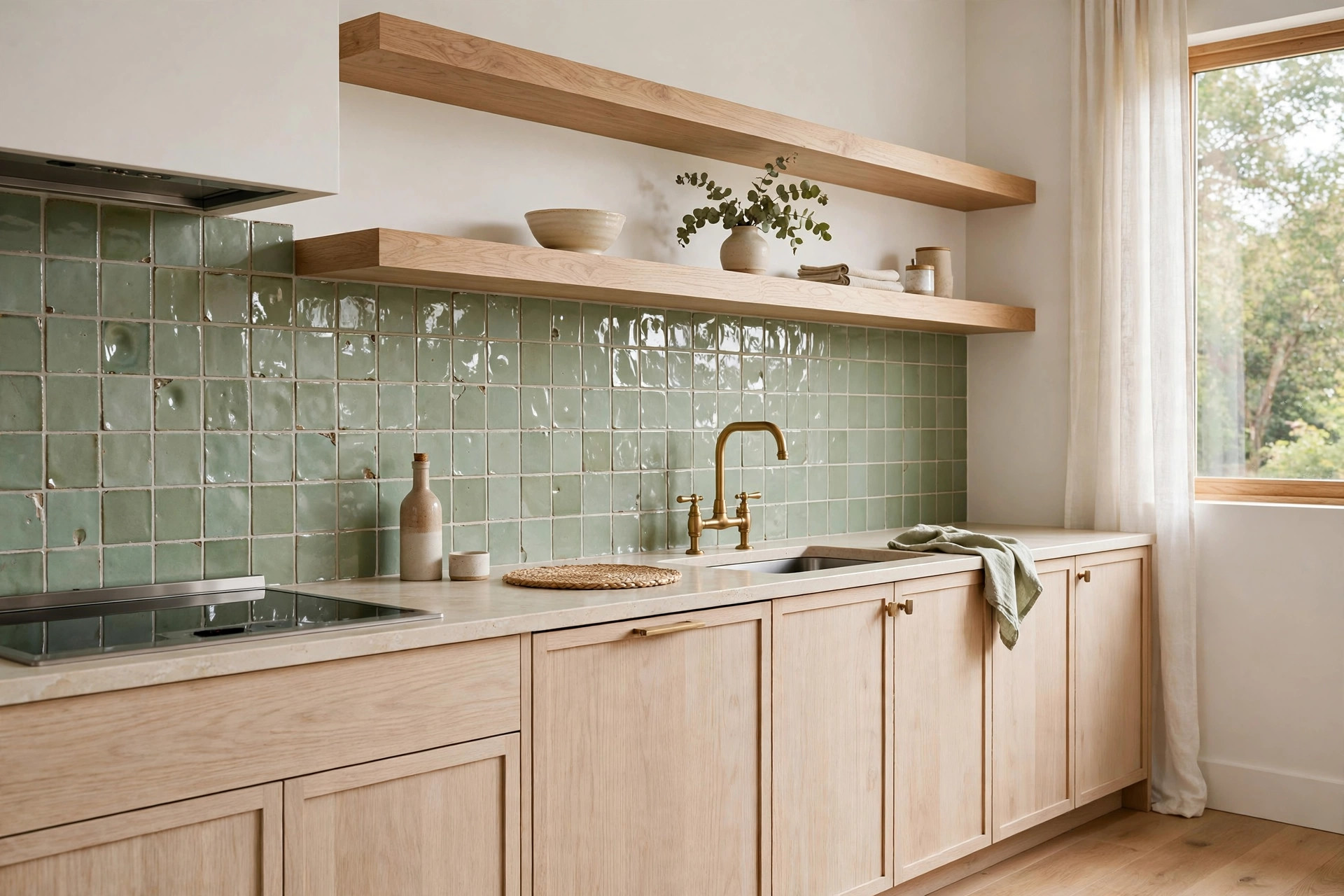 Sage green zellige backsplash with oak shelves