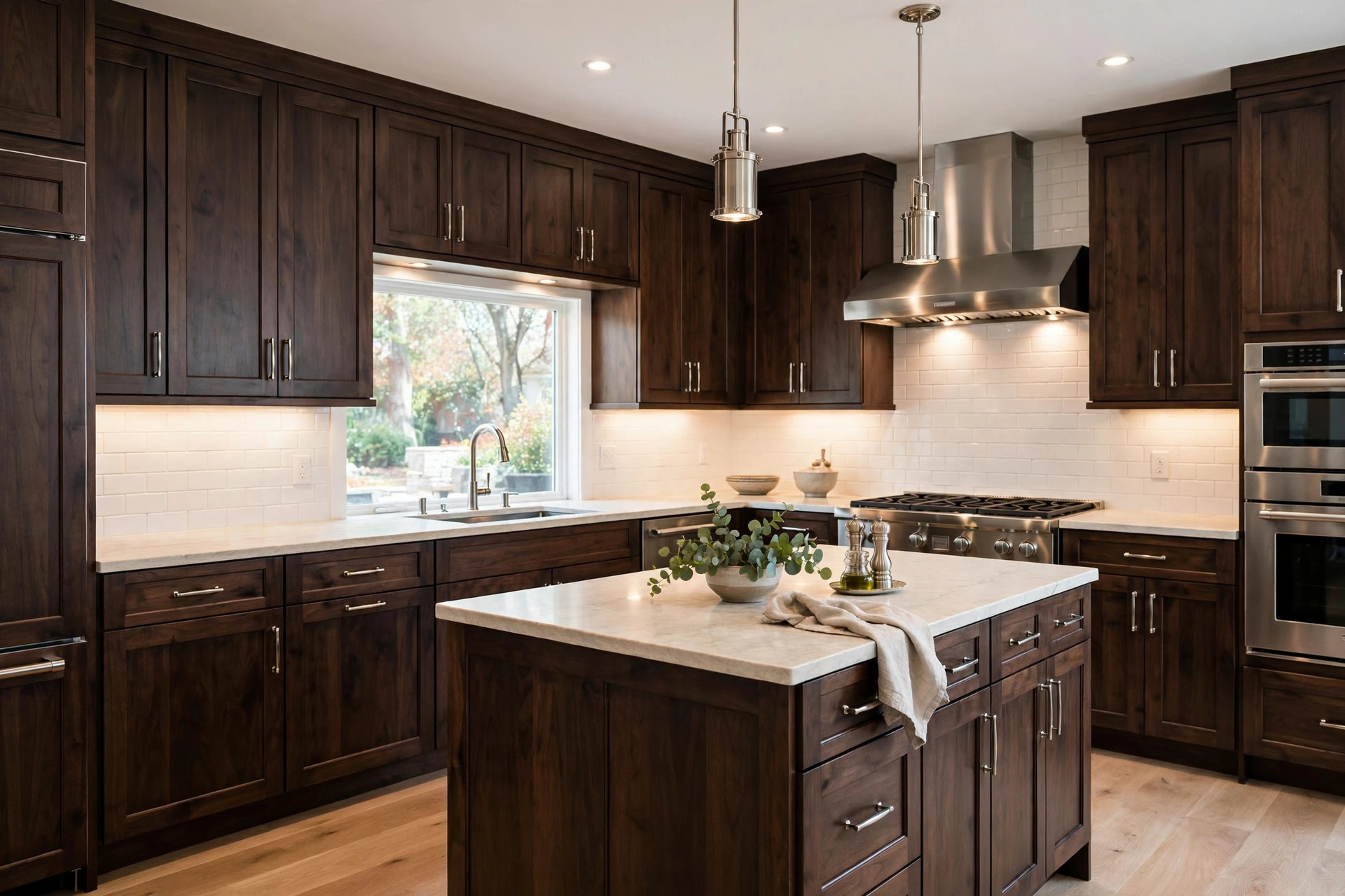 Dark stained wood cabinets with under-cabinet lighting