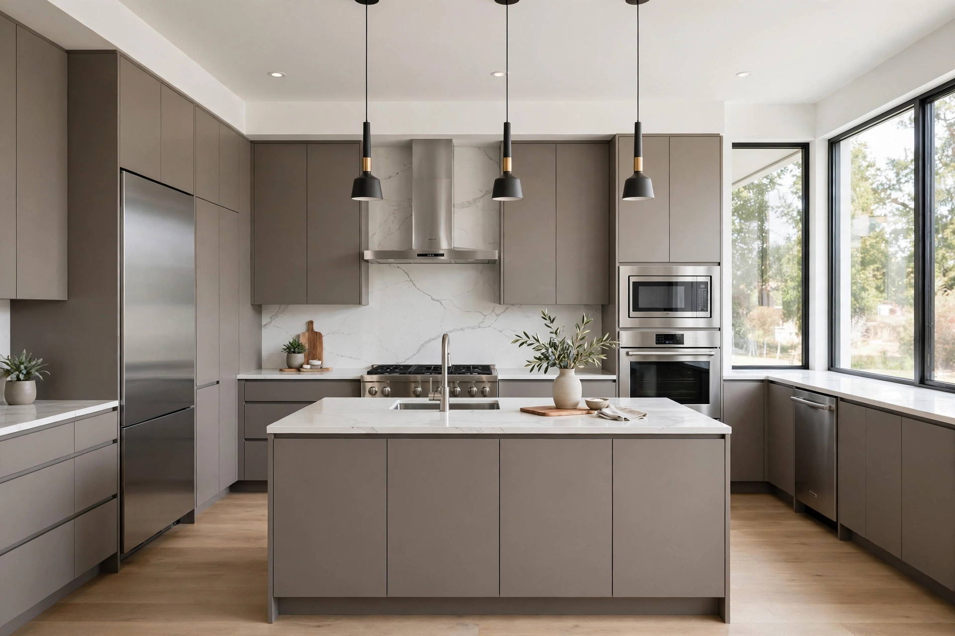 Handleless slab-front cabinets in warm gray