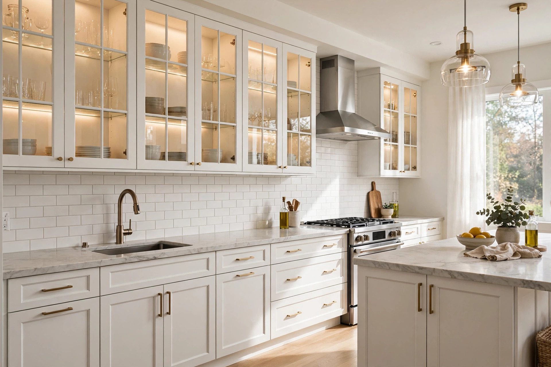 Glass-front uppers with interior lighting