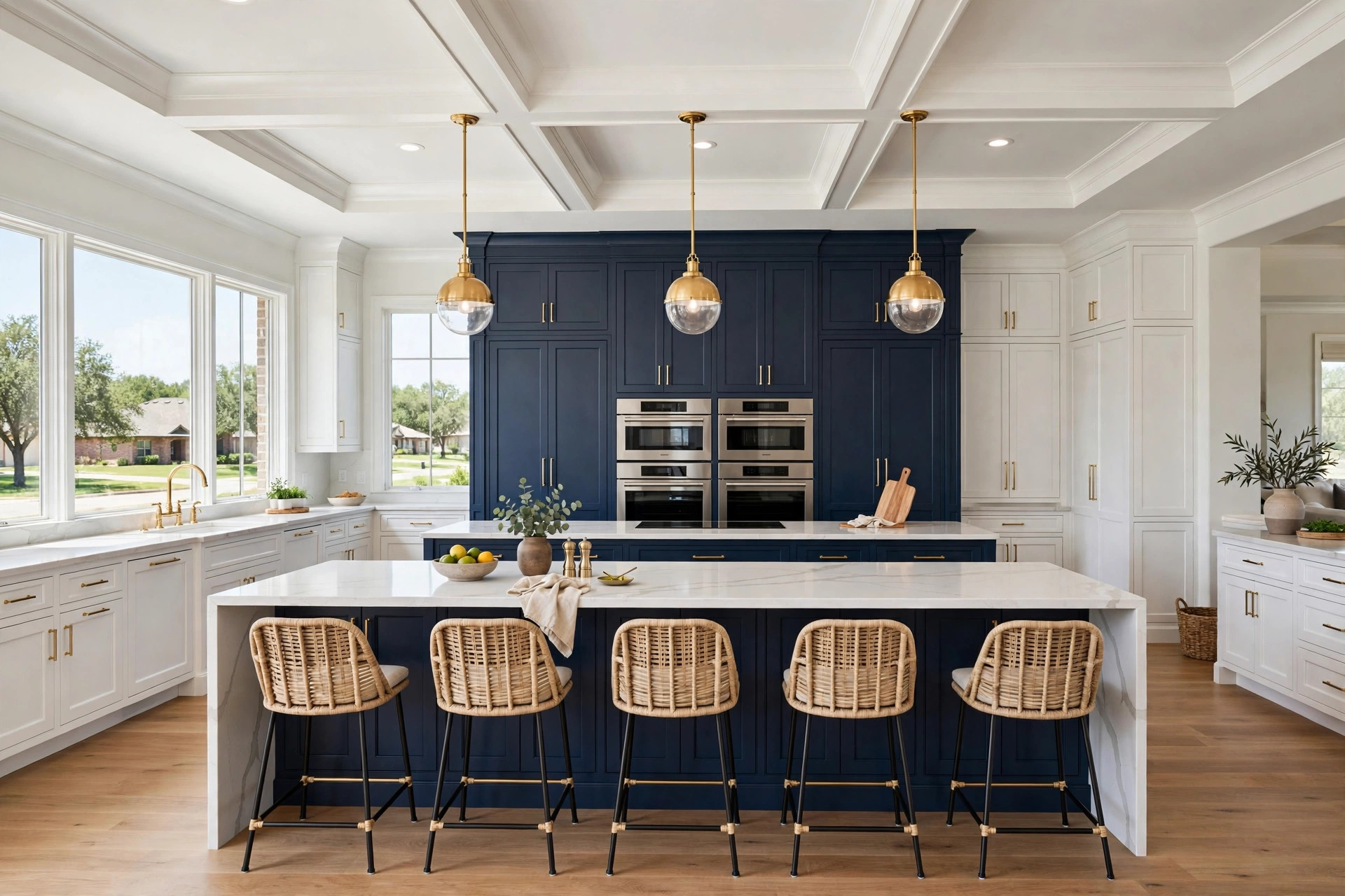 Custom kitchen with large island, storage wall, and coffered ceiling