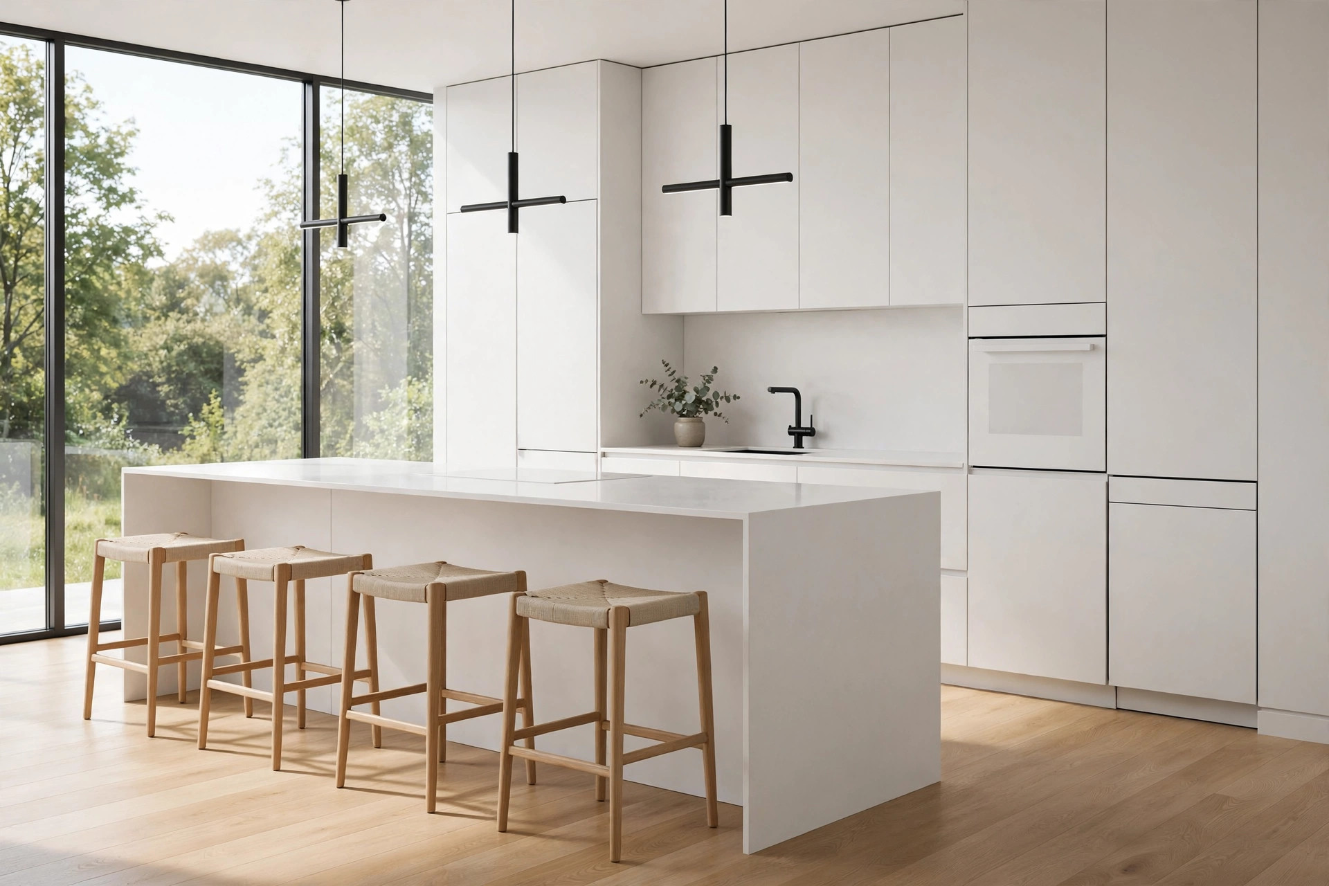 European flat-panel handleless kitchen with waterfall island