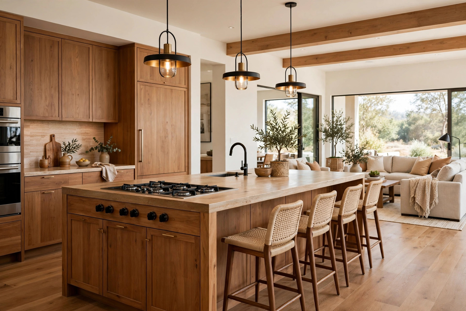 Kitchen island with cooktop and seating
