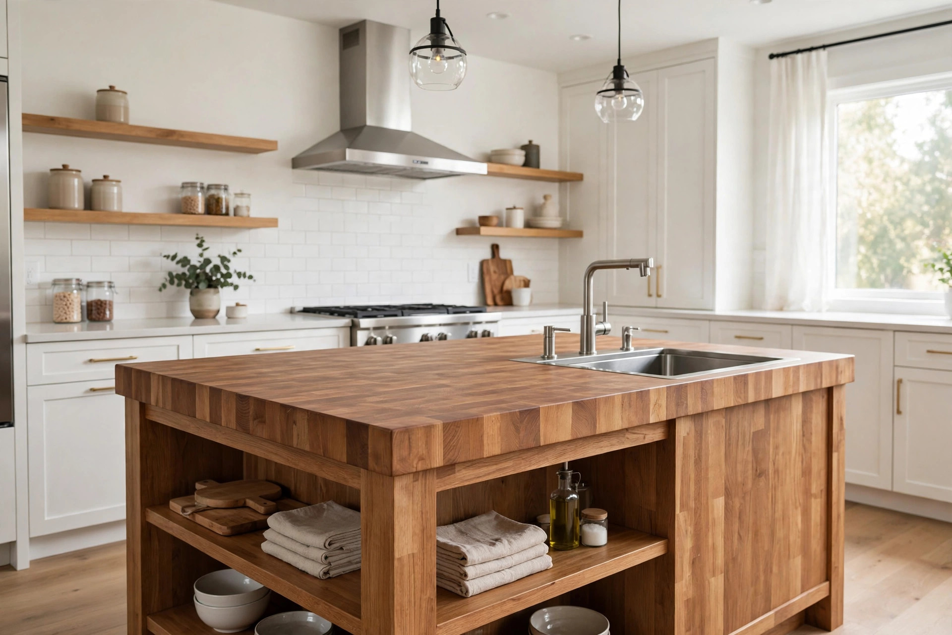 Prep island with butcher-block top
