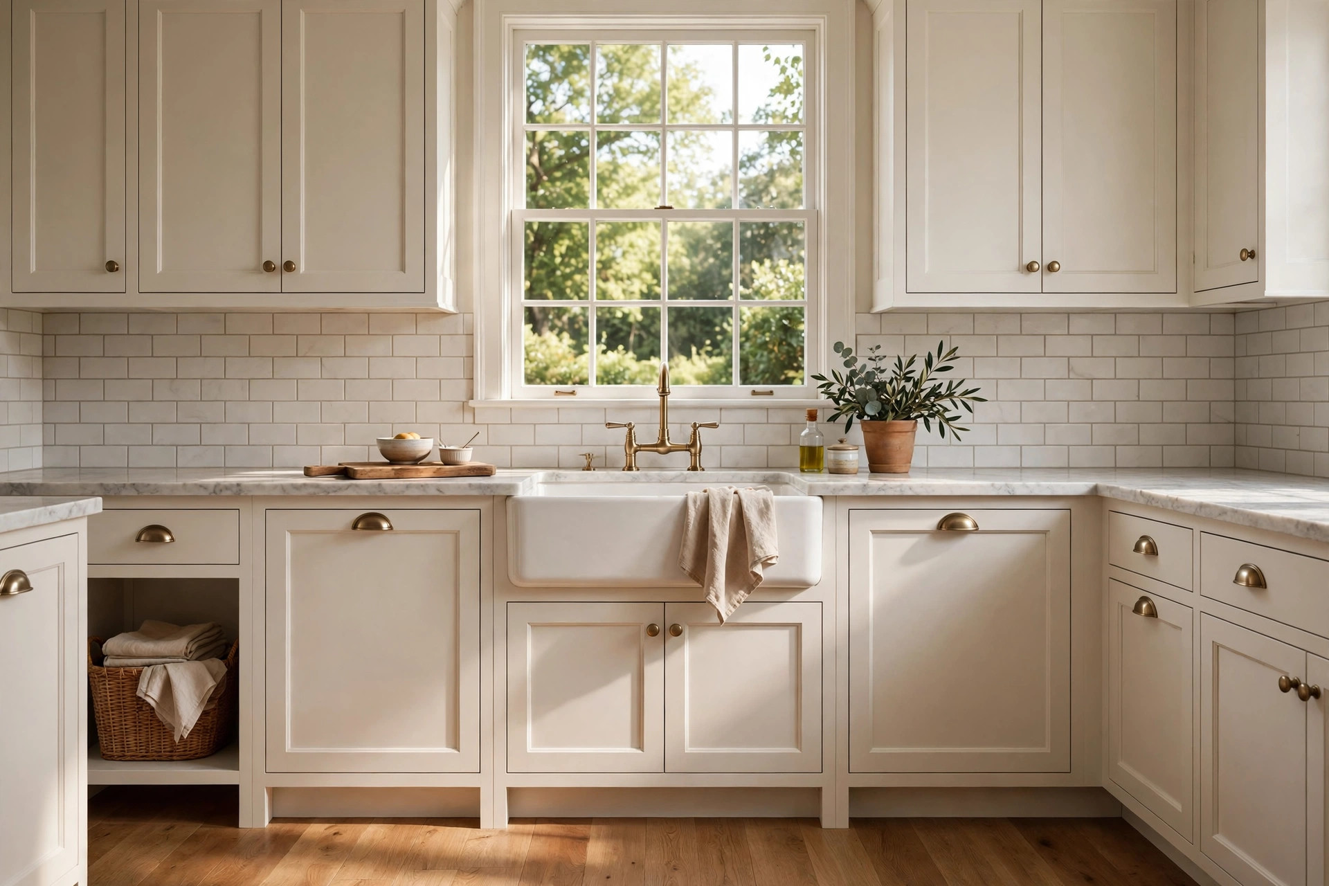 Shaker-style kitchen with farmhouse sink and brass fixtures