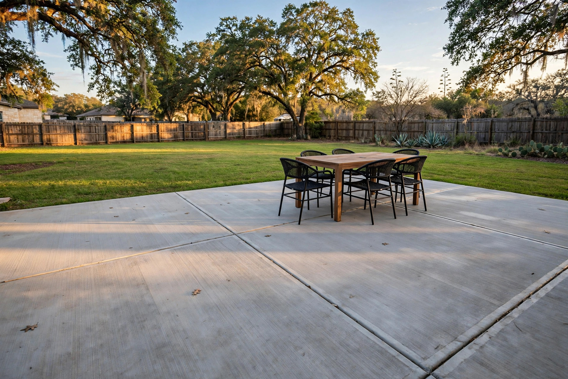 Plain concrete patio with outdoor dining set