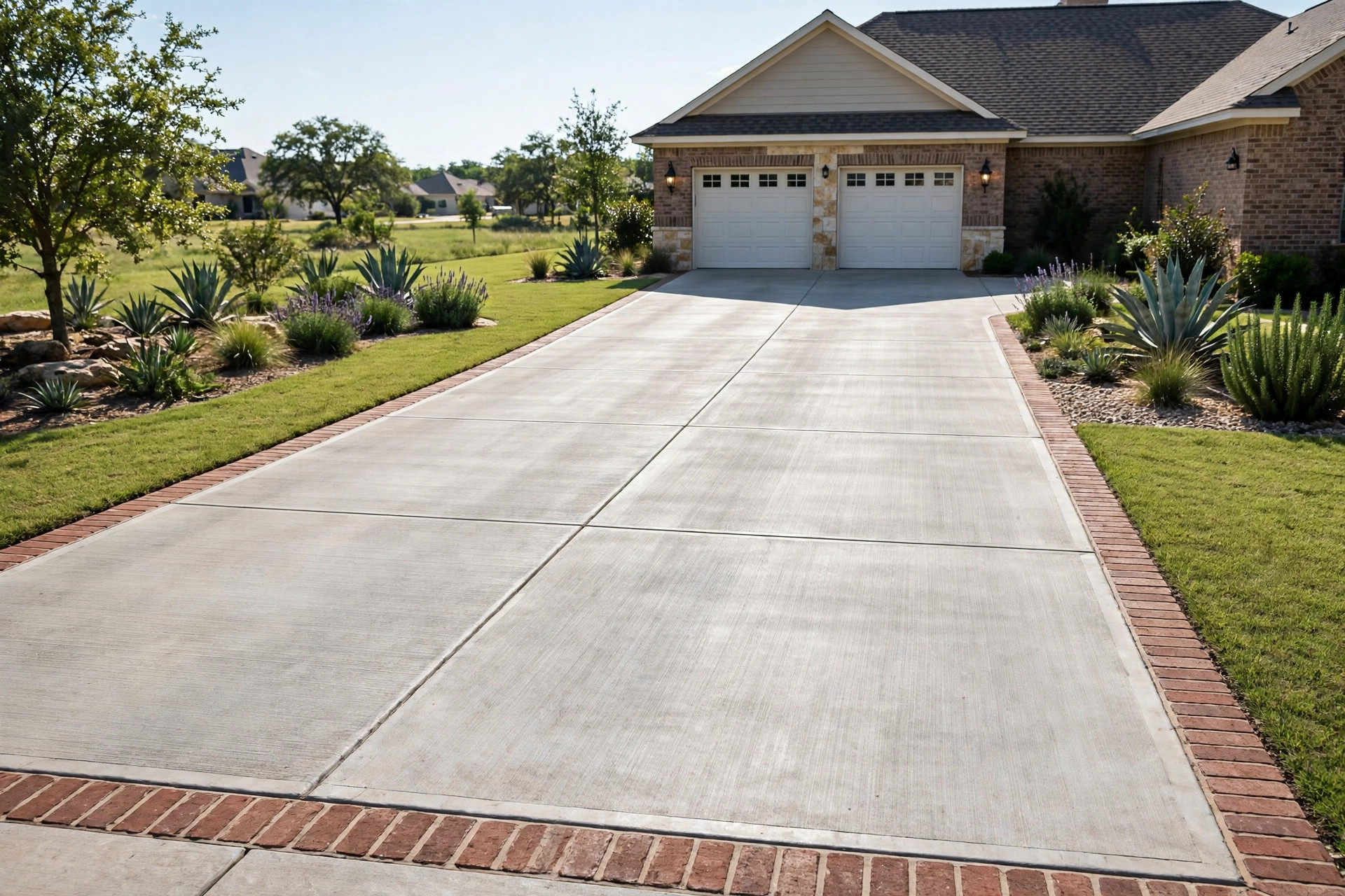 Concrete driveway with broom finish and brick border edge