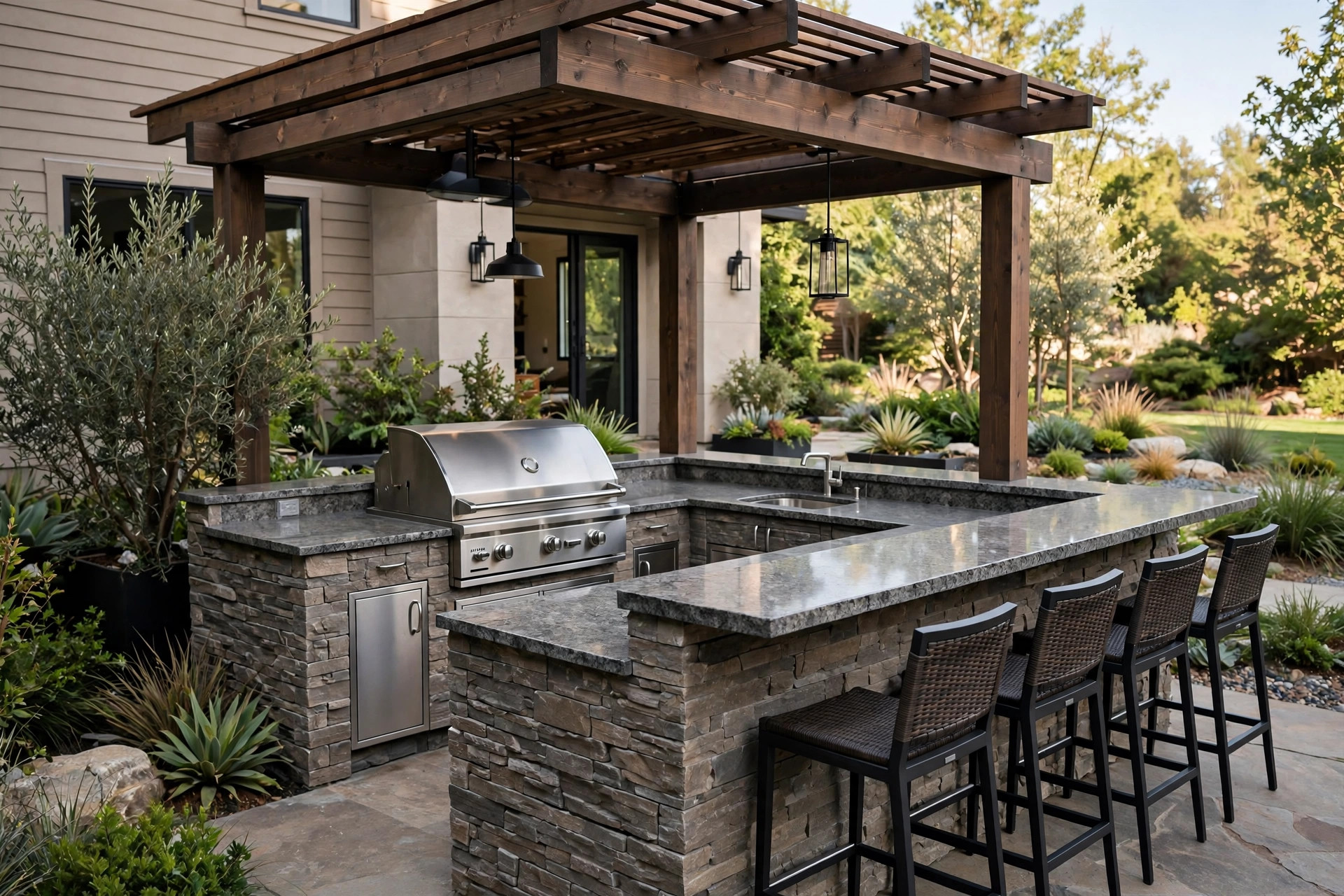 Outdoor kitchen with built-in grill and bar seating