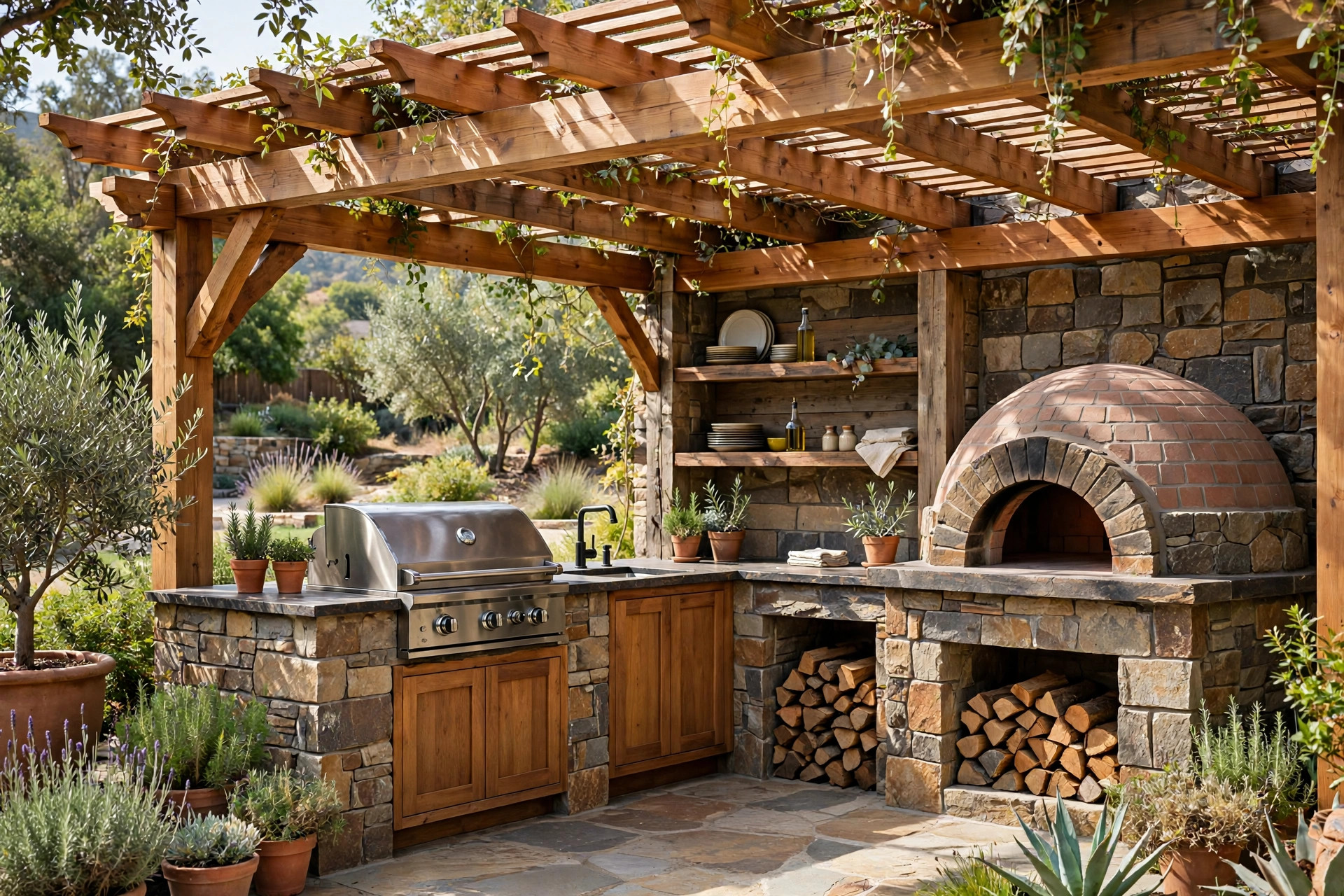 Outdoor kitchen with wood-fired pizza oven