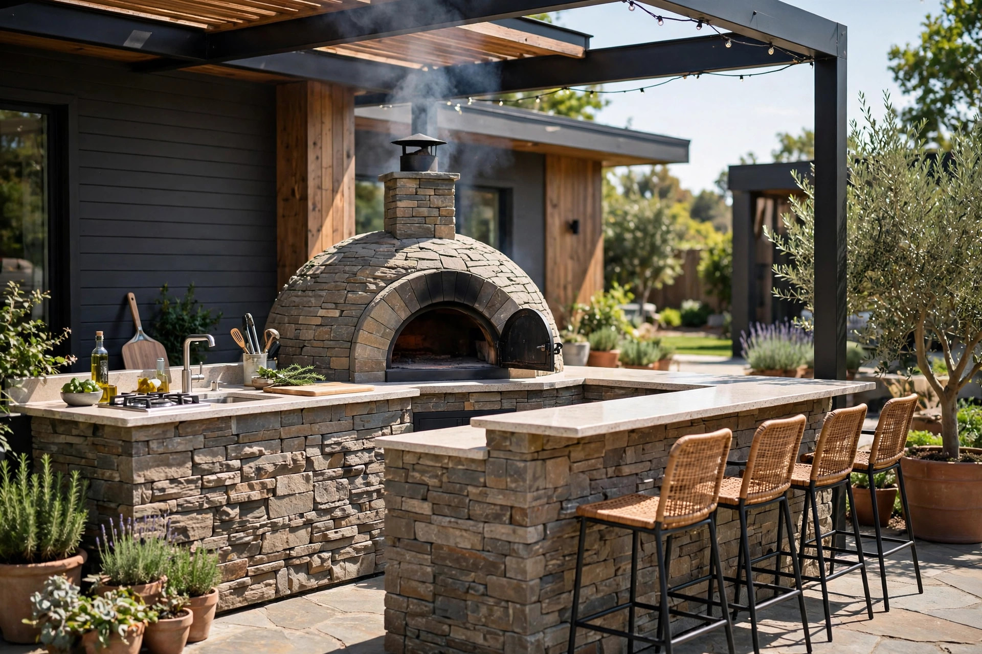 Pizza oven built into stone veneer base
