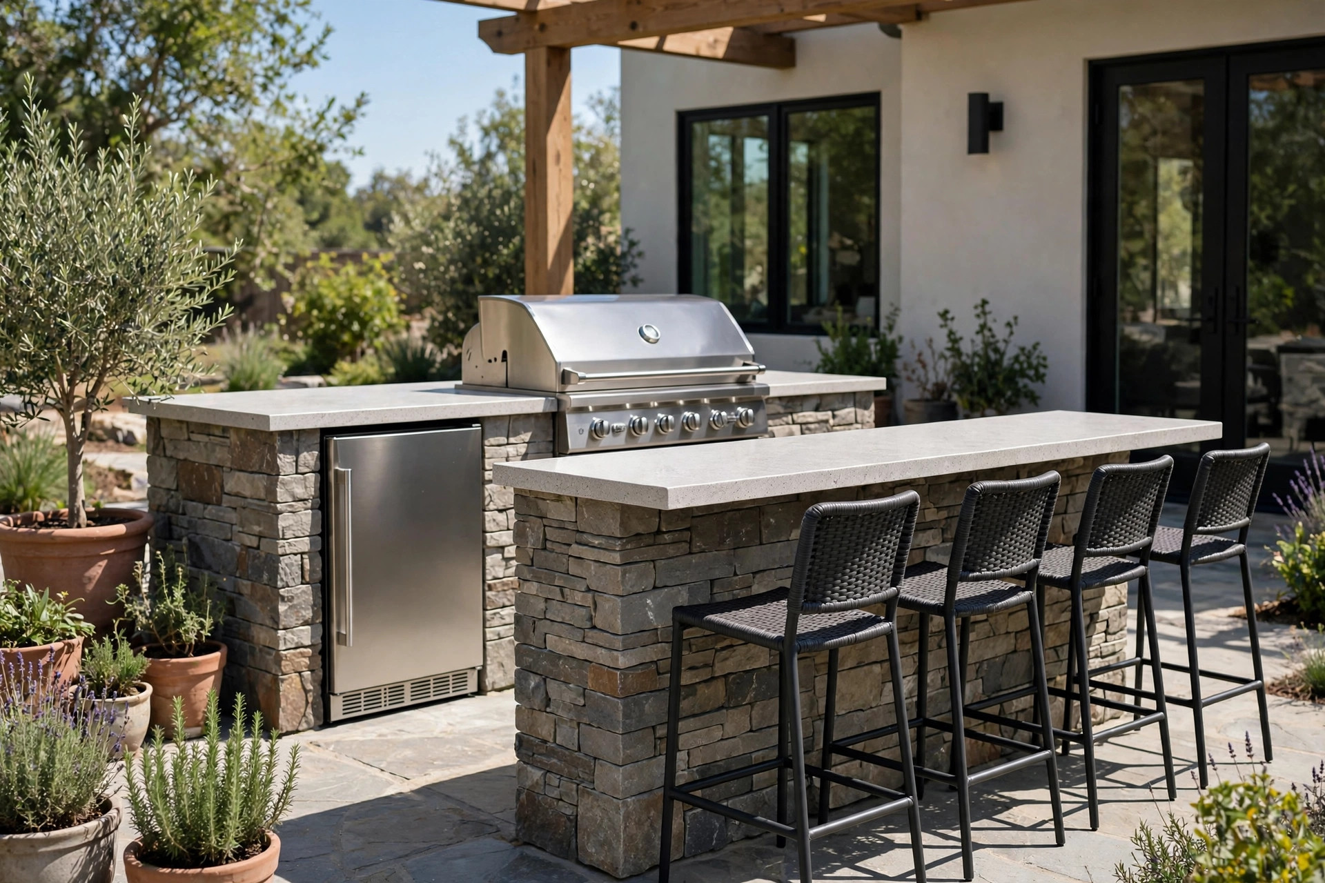 Outdoor kitchen island with gas grill and fridge
