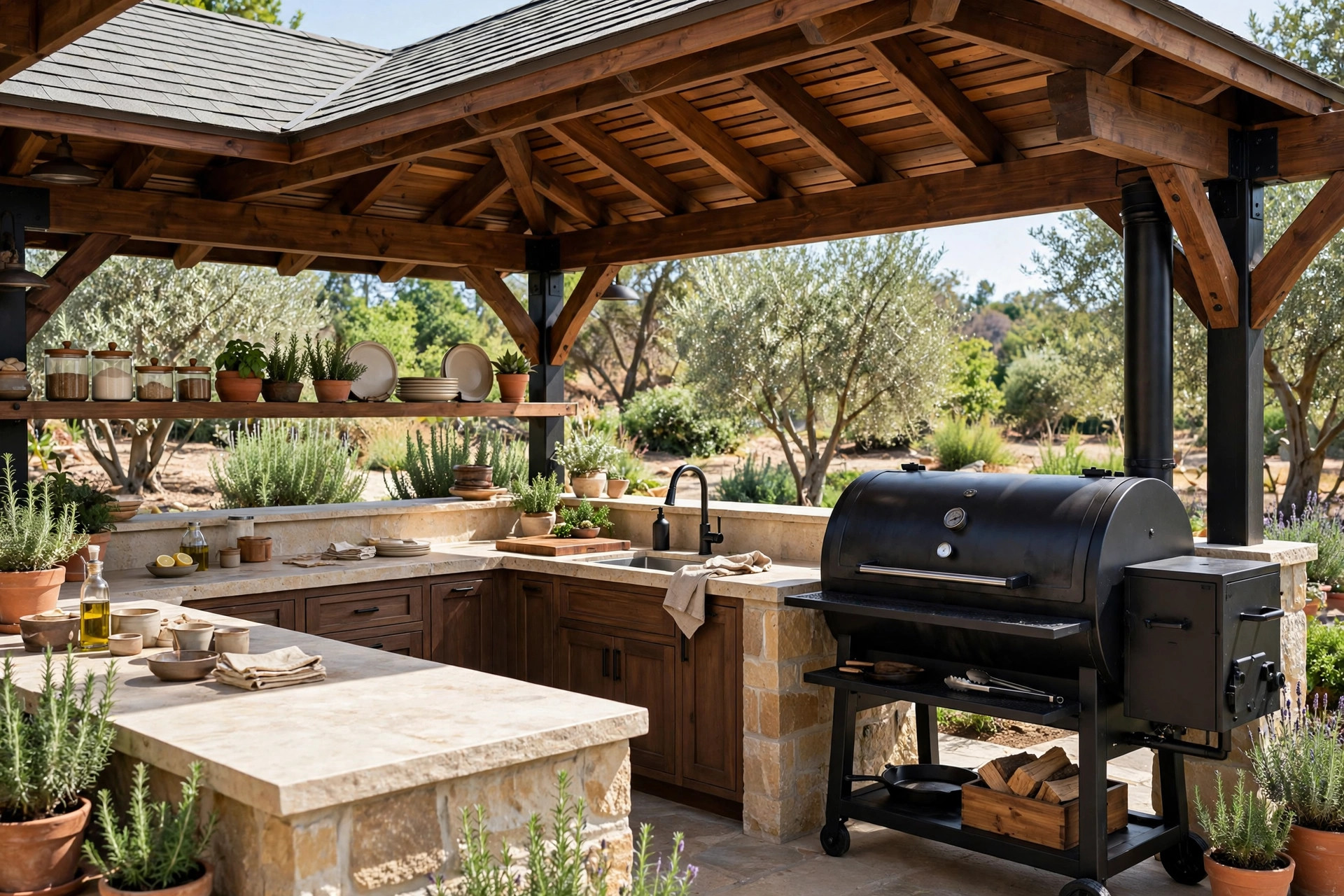 Covered outdoor kitchen with smoker station