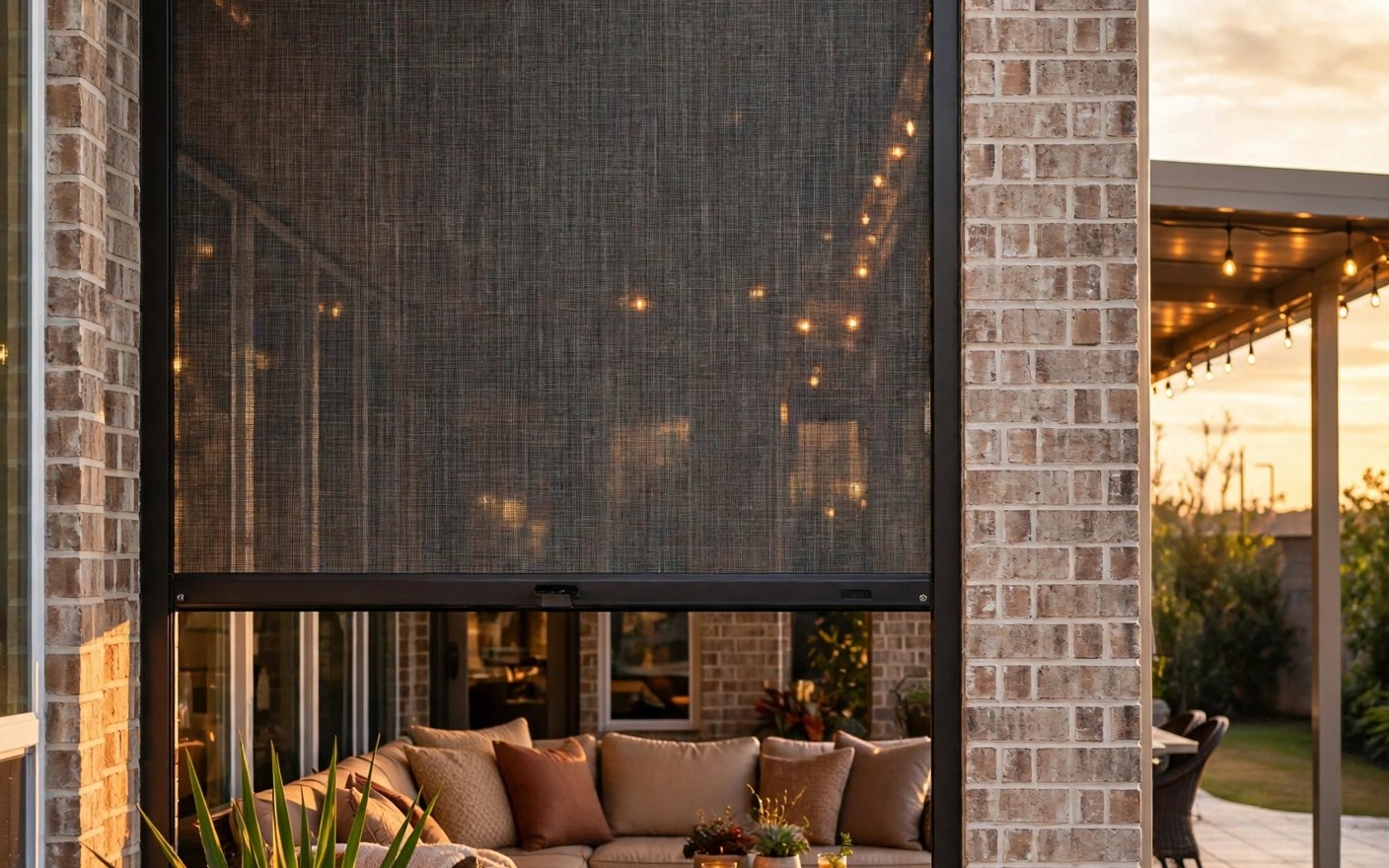 Motorized roll-down patio screens half-lowered