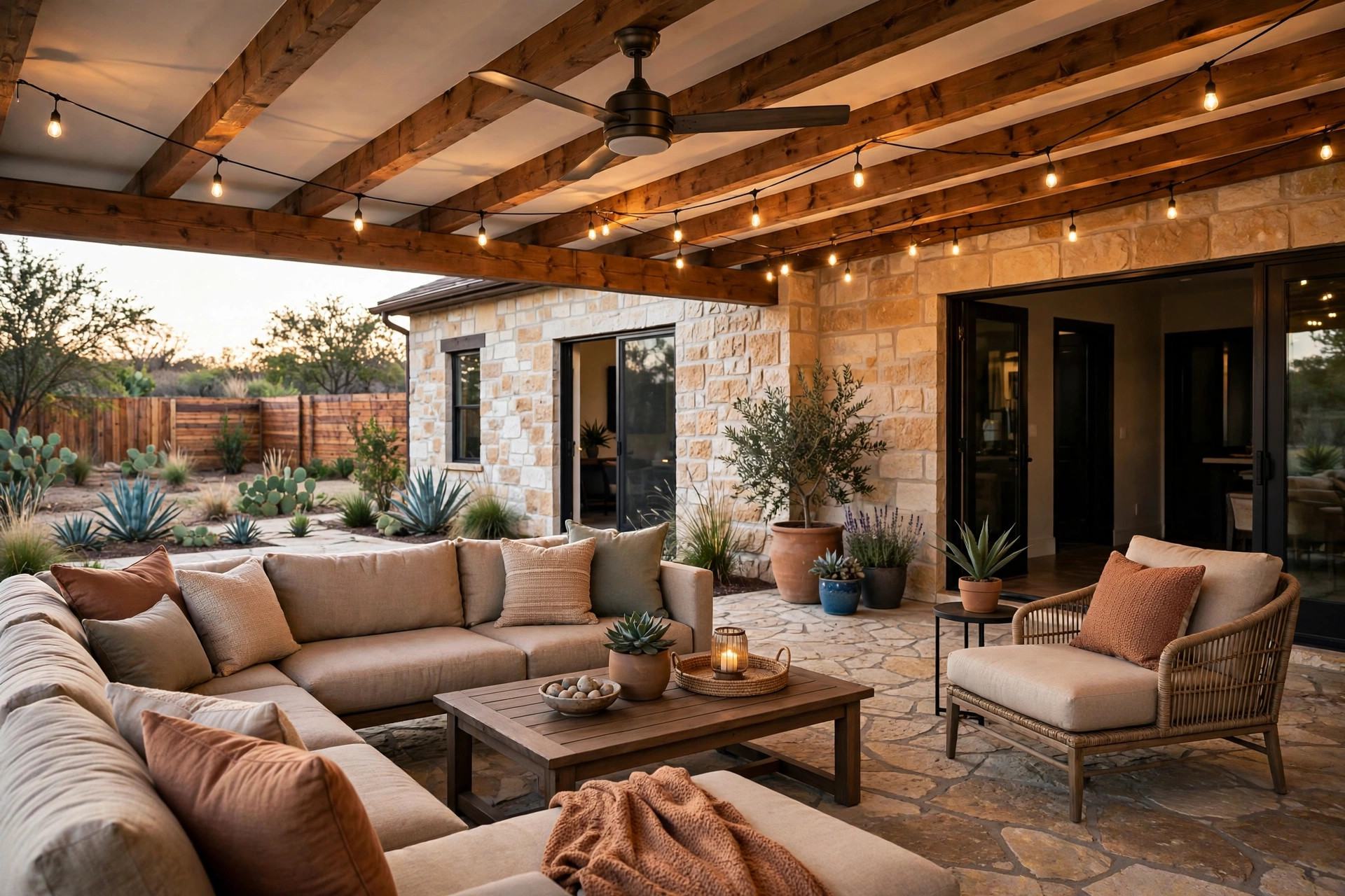 Covered patio with stone pavers and string lights