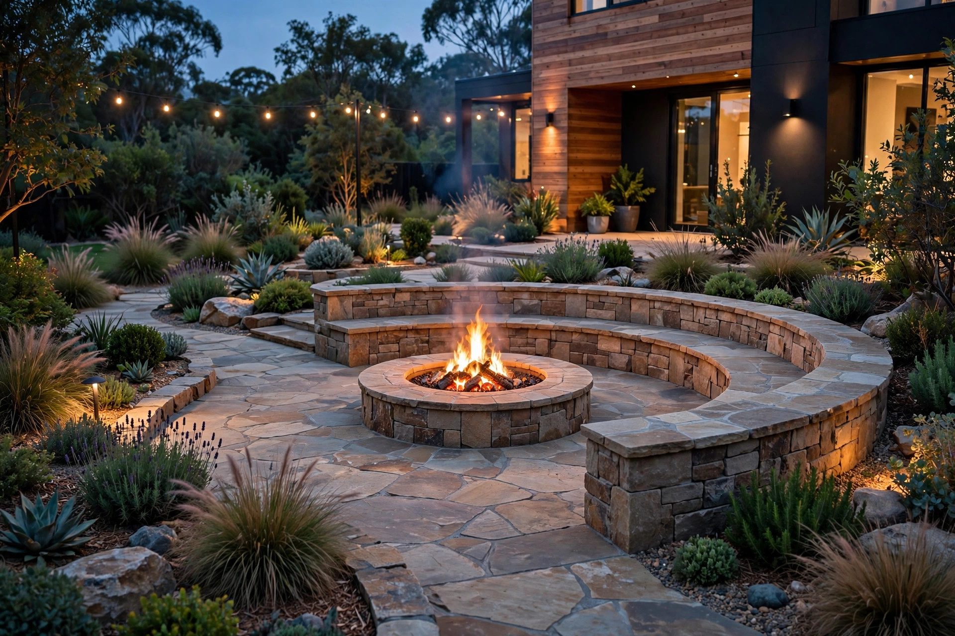 Stone patio with fire pit and seating wall