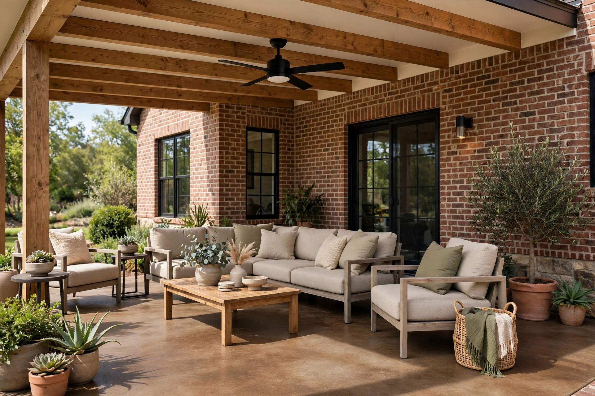 Covered concrete patio with ceiling fan