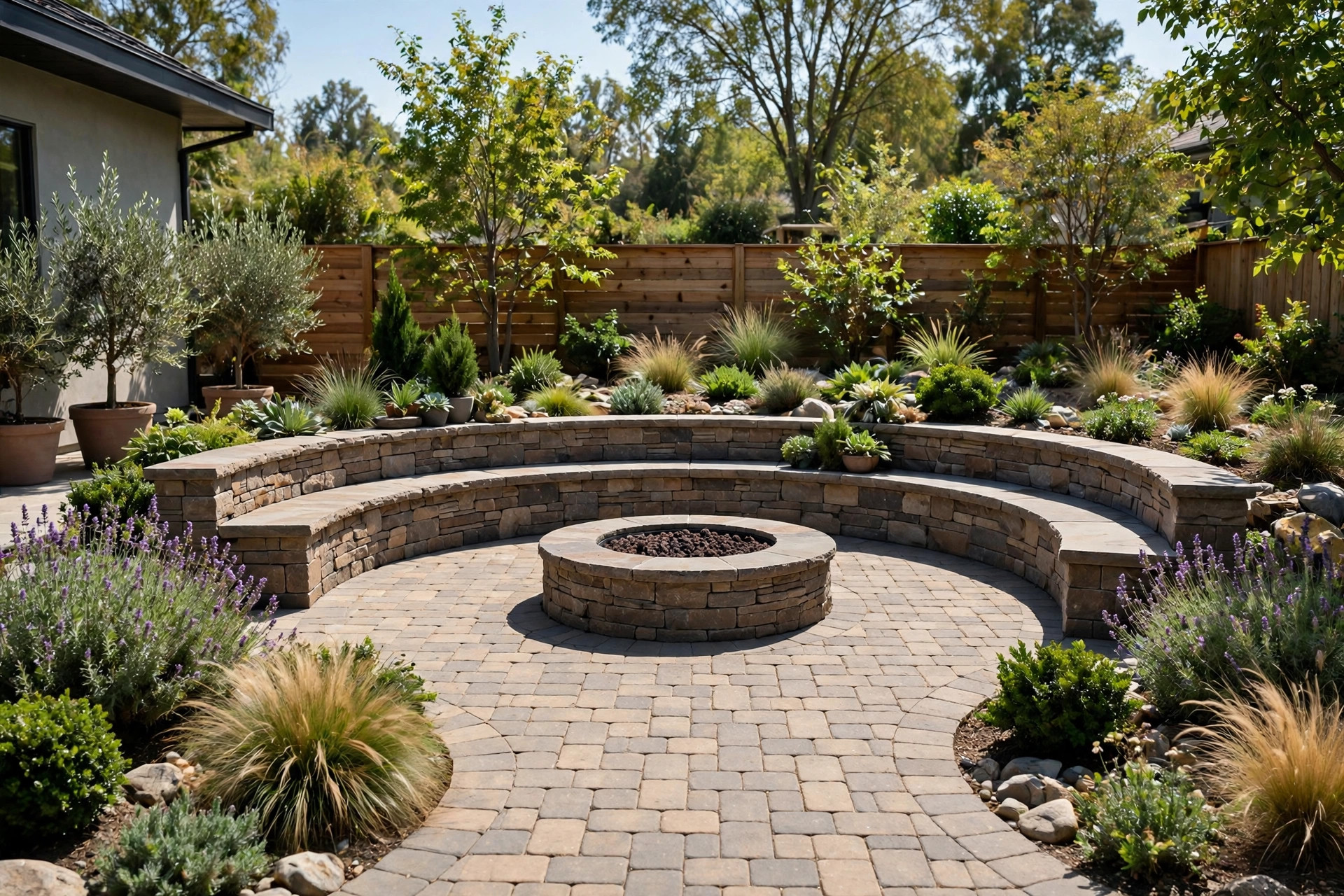Paver patio with fire pit and seating wall