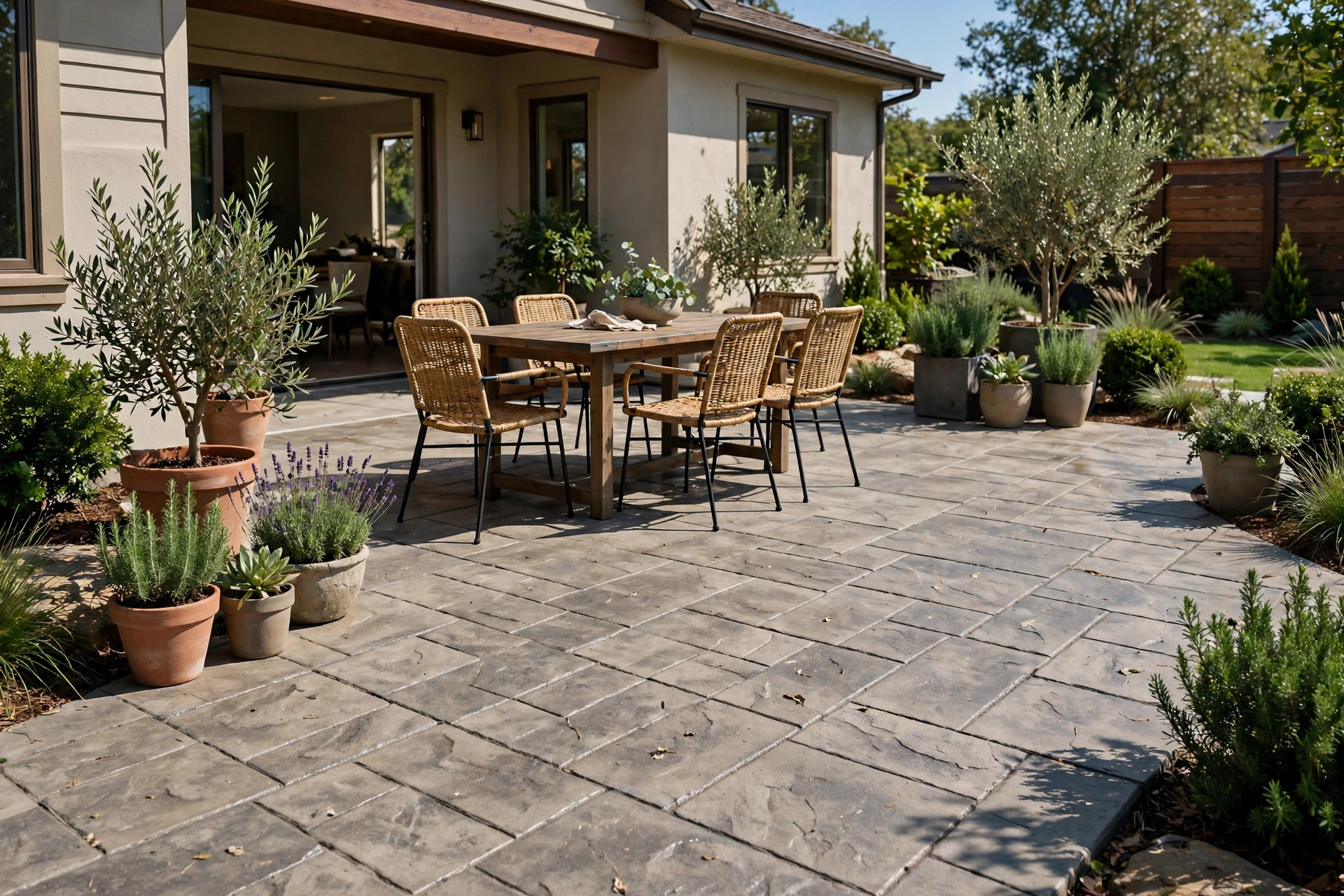 Stamped concrete patio with dining set