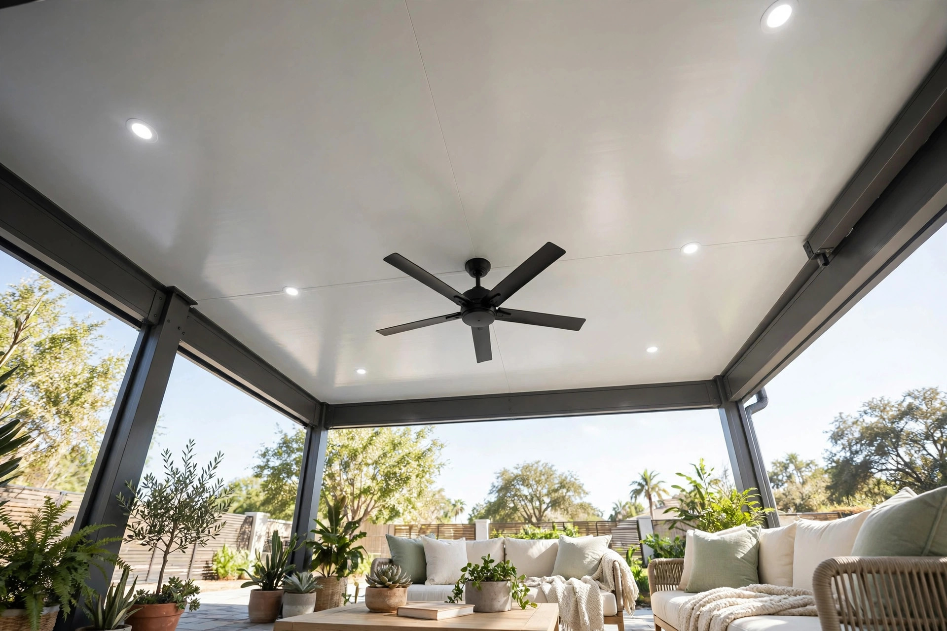 Finished ceiling of an insulated patio cover with fan and recessed lights