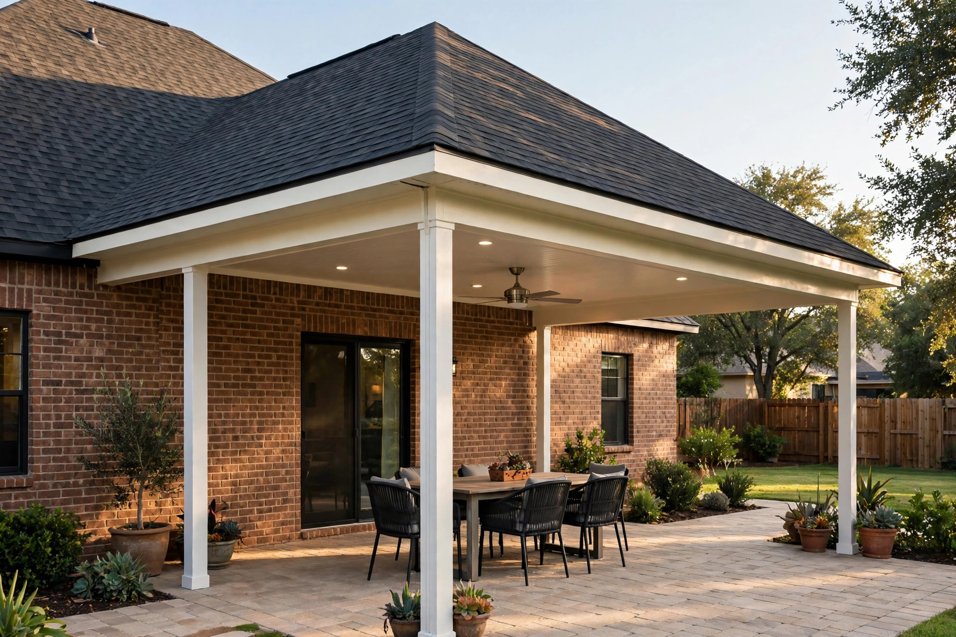 Insulated patio cover with shingles matching the house roof