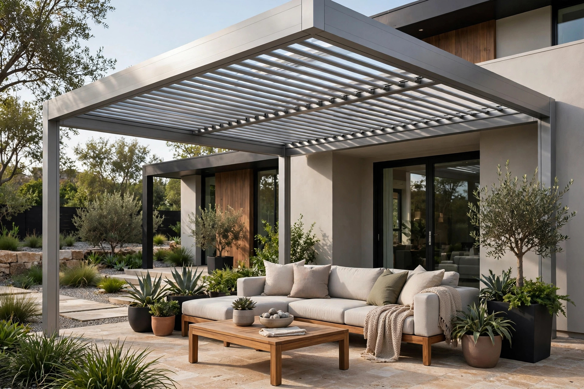 Modern louvered pergola over a lounge area