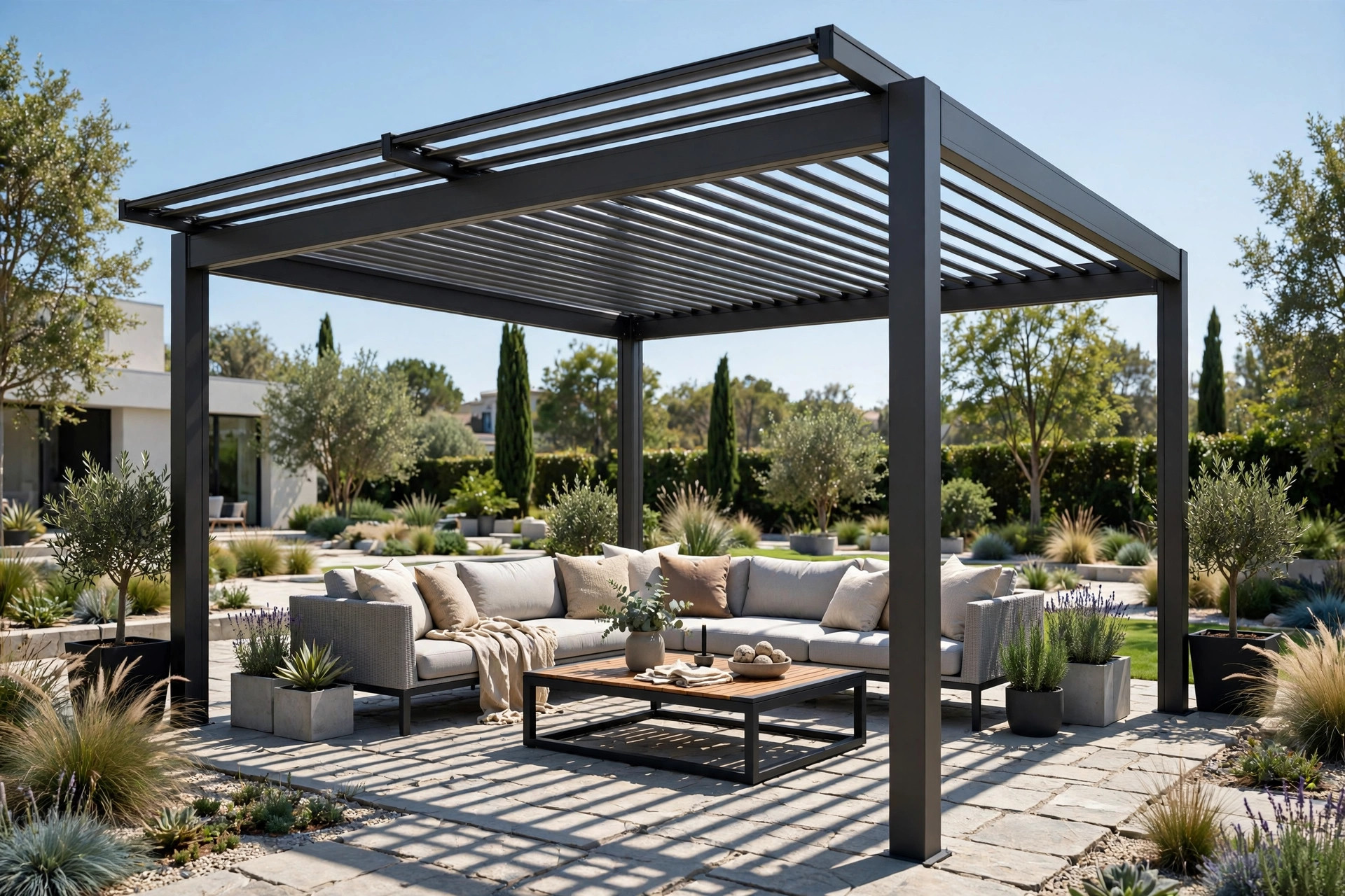 Freestanding aluminum pergola with louvered roof