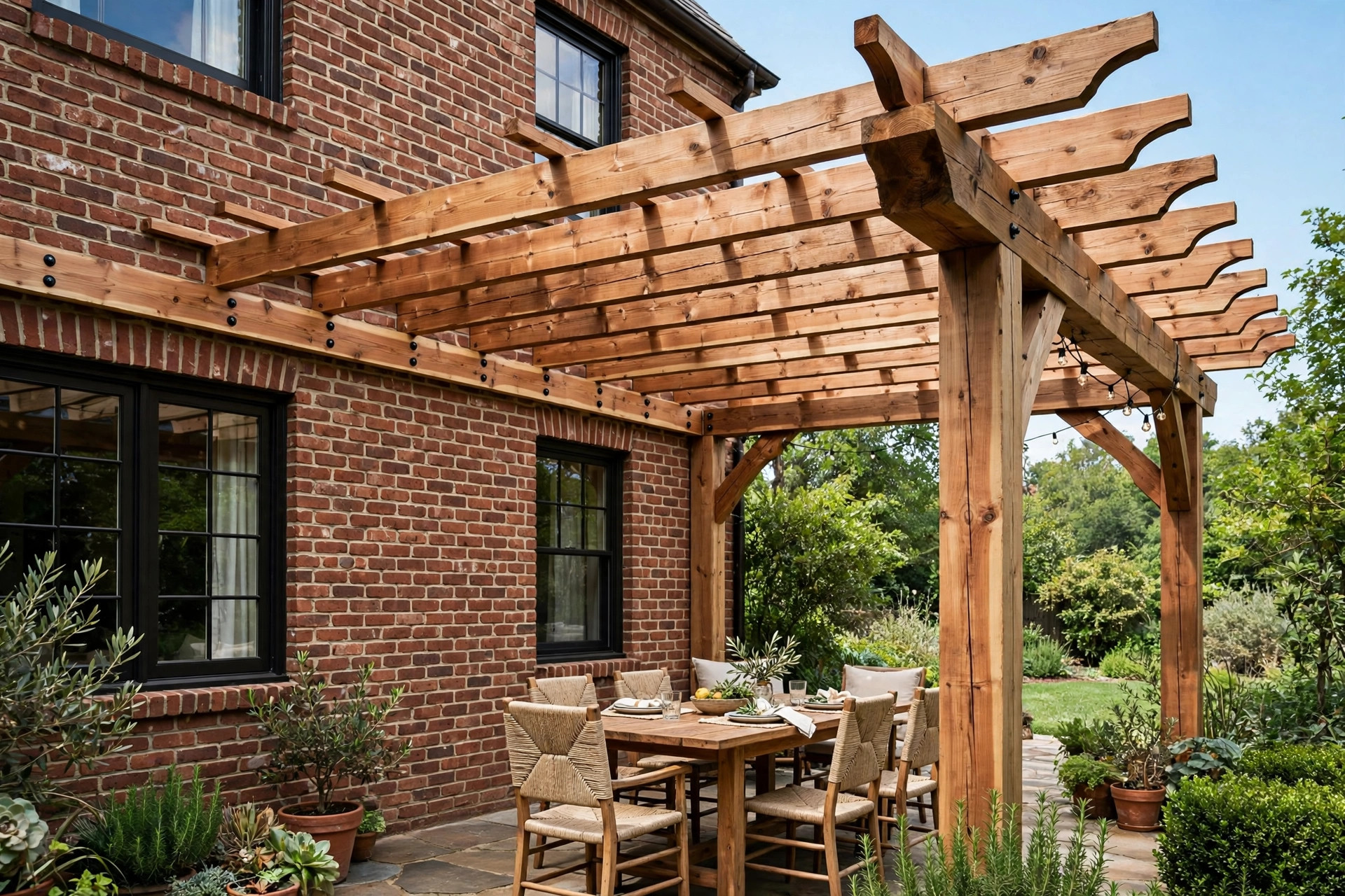 Cedar pergola attached to a brick house
