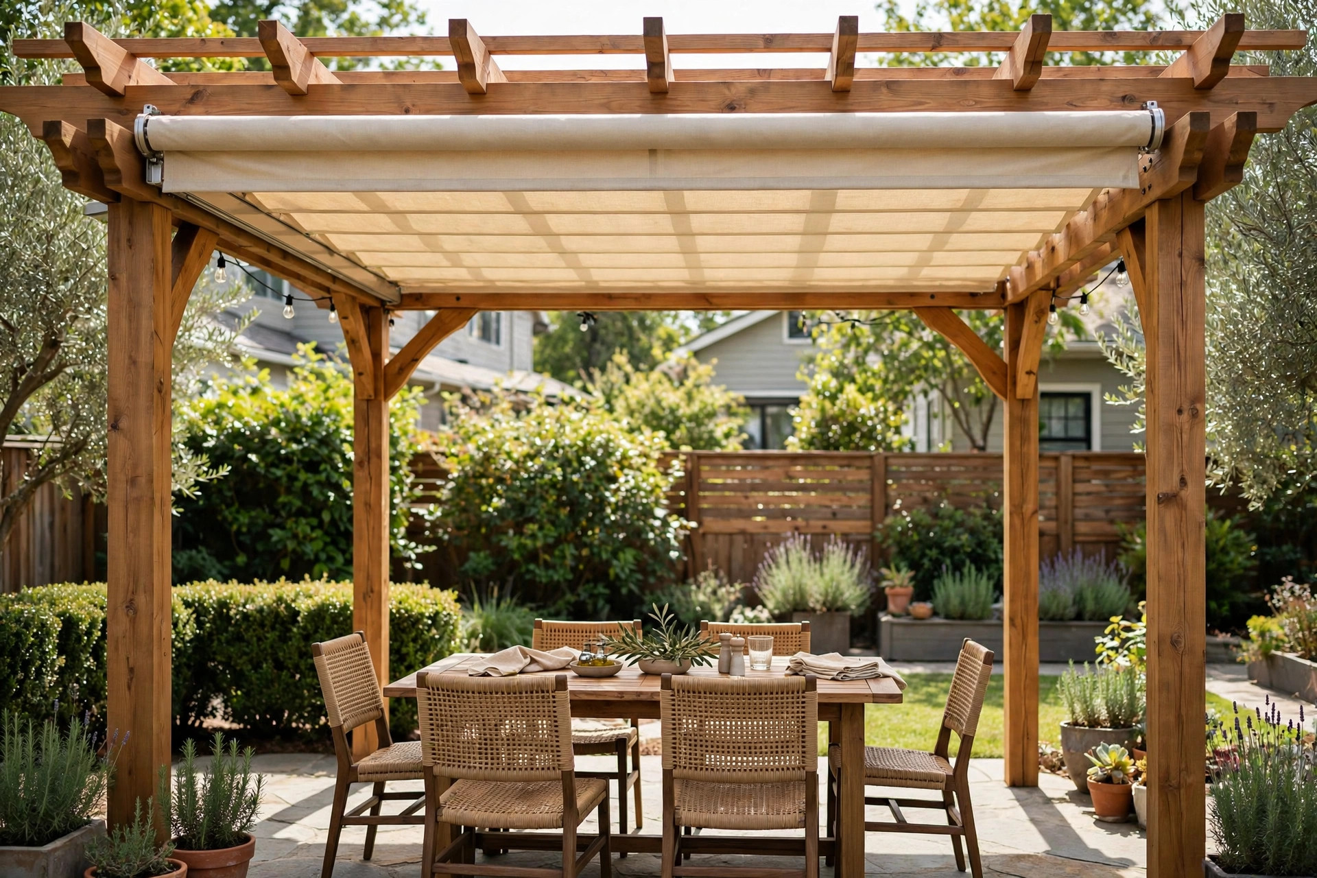 Pergola with adjustable shade canopy