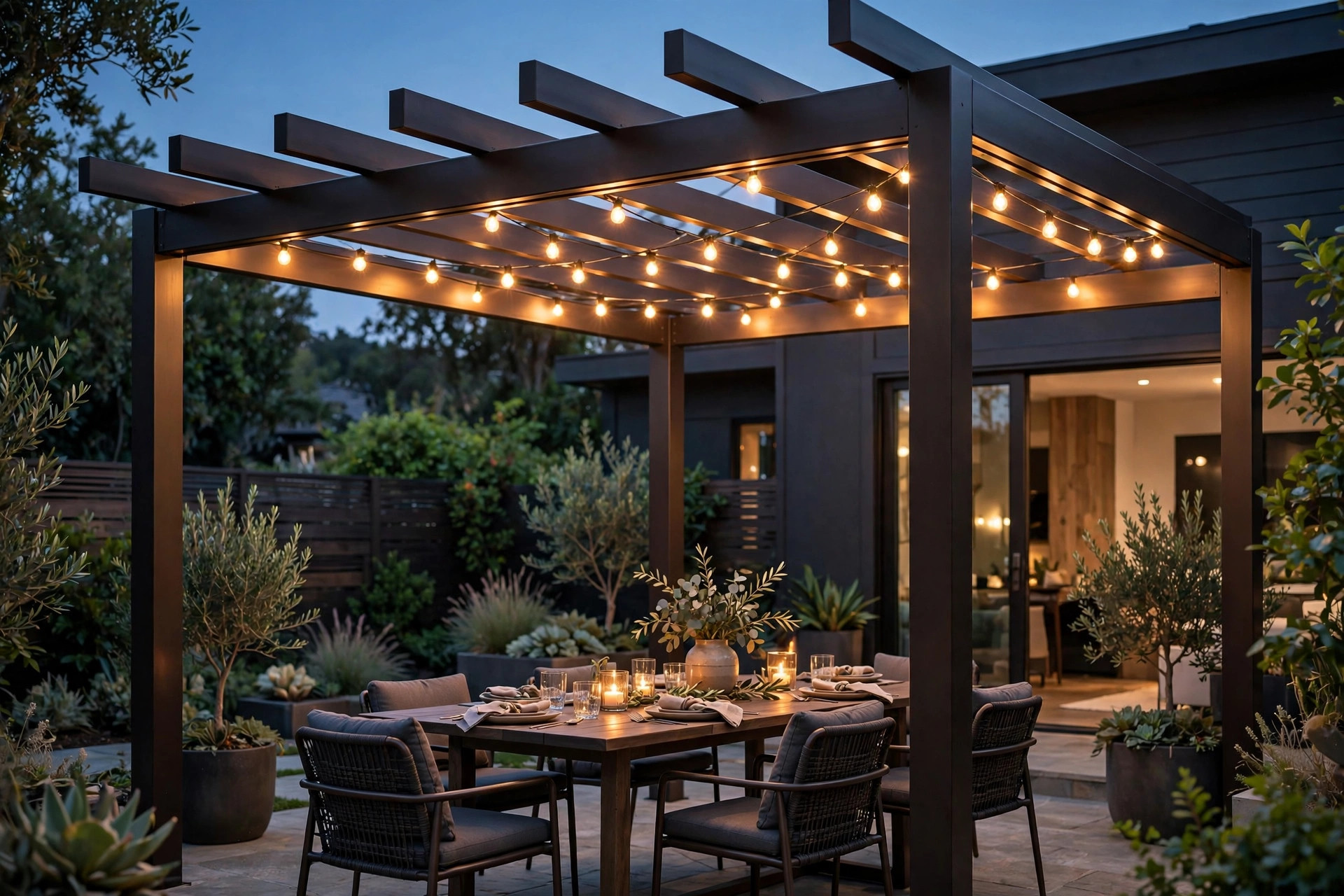 Bronze pergola with string lights at dusk
