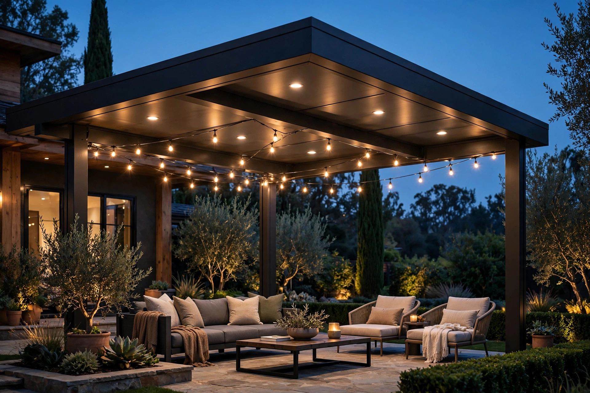Insulated-roof pergola with outdoor lighting at dusk